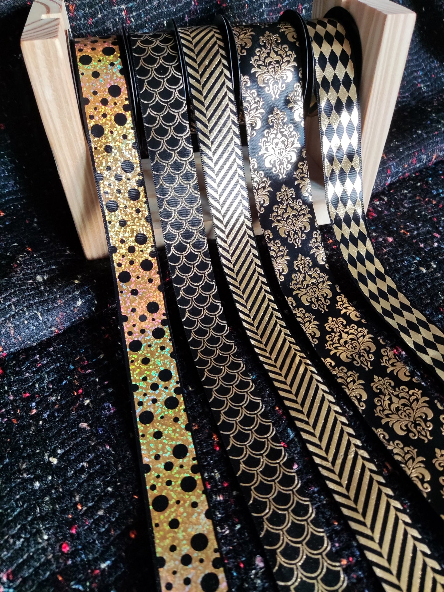 25mm Black Satin Ribbon with Gold Prints- Per Yard- Polka Dot, Harlequin, Floral, Stripy Pattern