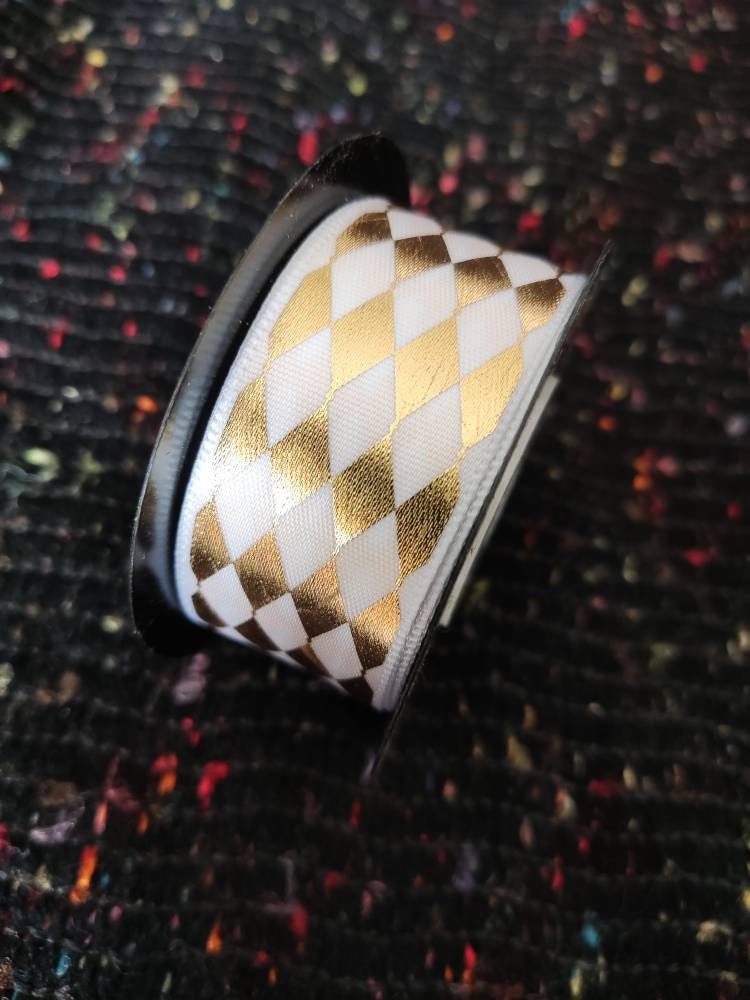 1 yard -White& Gold Ribbon- Harlequin/Diamond/Striped/Floral pattern- Craft DIY