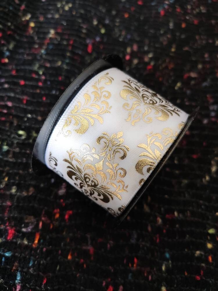 1 yard -White& Gold Ribbon- Harlequin/Diamond/Striped/Floral pattern- Craft DIY