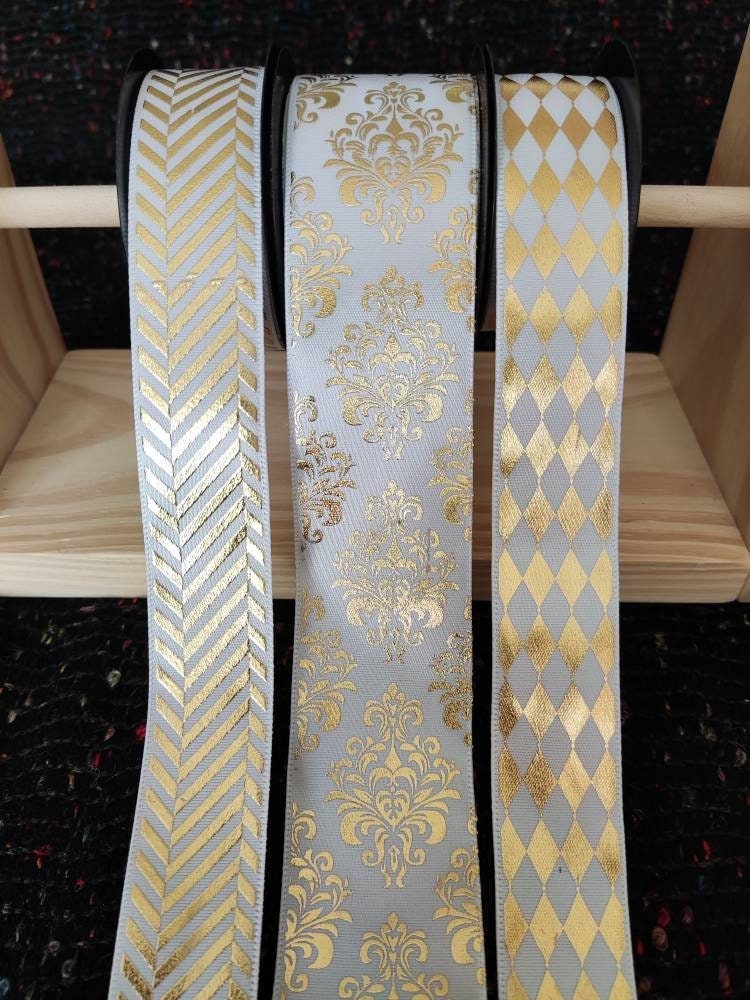 1 yard -White& Gold Ribbon- Harlequin/Diamond/Striped/Floral pattern- Craft DIY