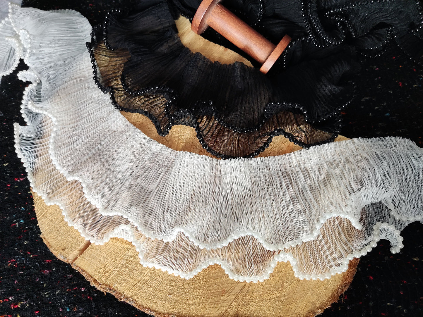 Pleated Tulle Trim Beaded with Faux Pearls- 9cm wide
