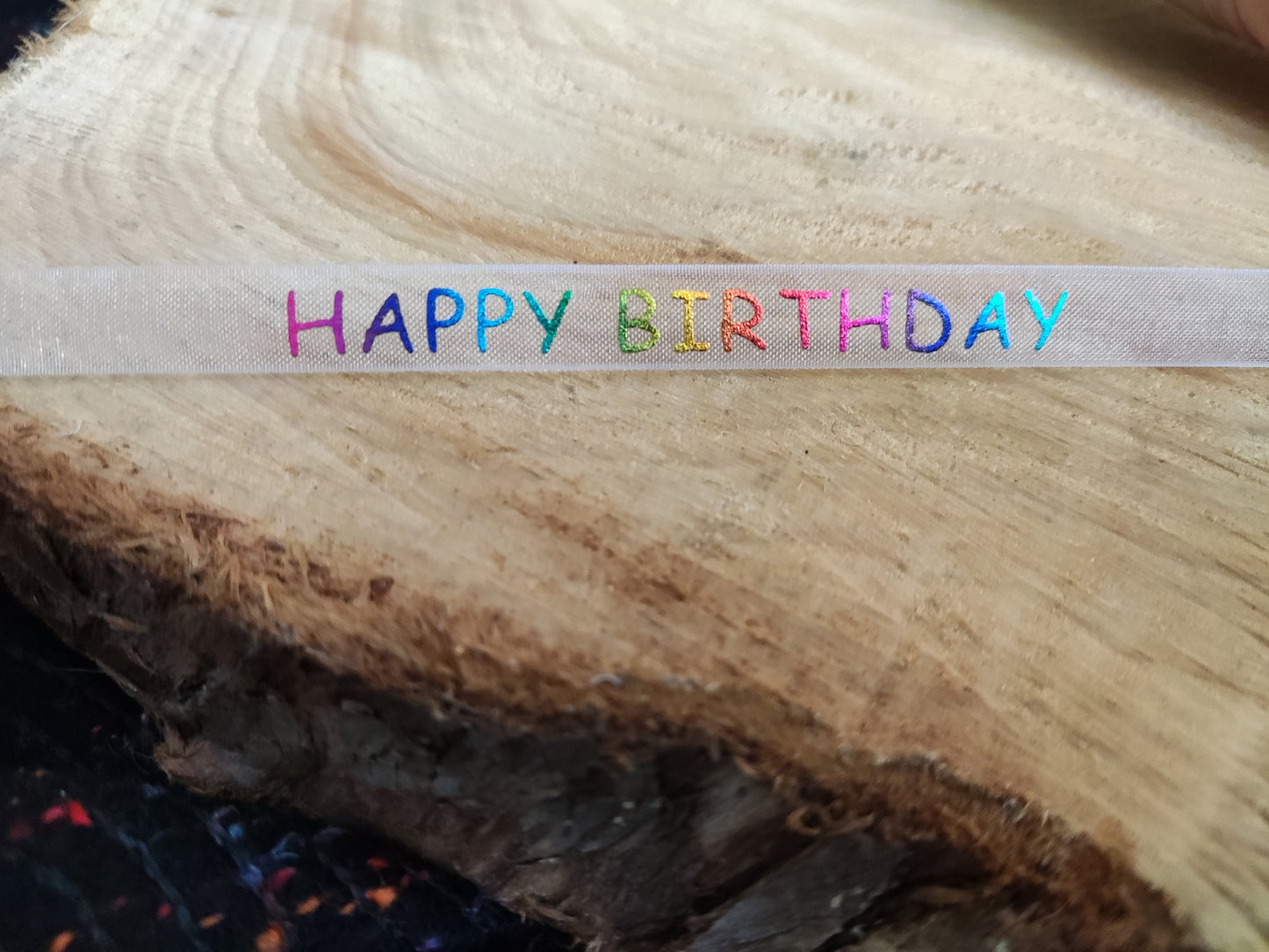 1m- Happy Birthday Ribbon- Rainbow Foil Printed Words on White Sheer Organza- 1cm width