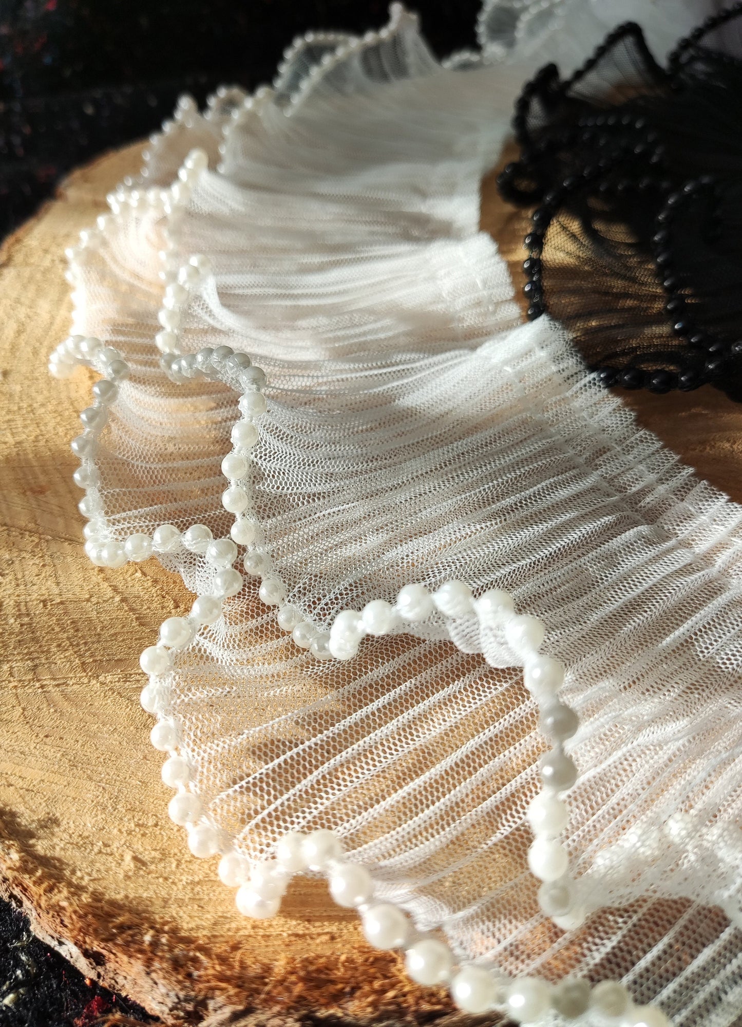 Pleated Tulle Trim Beaded with Faux Pearls- 9cm wide