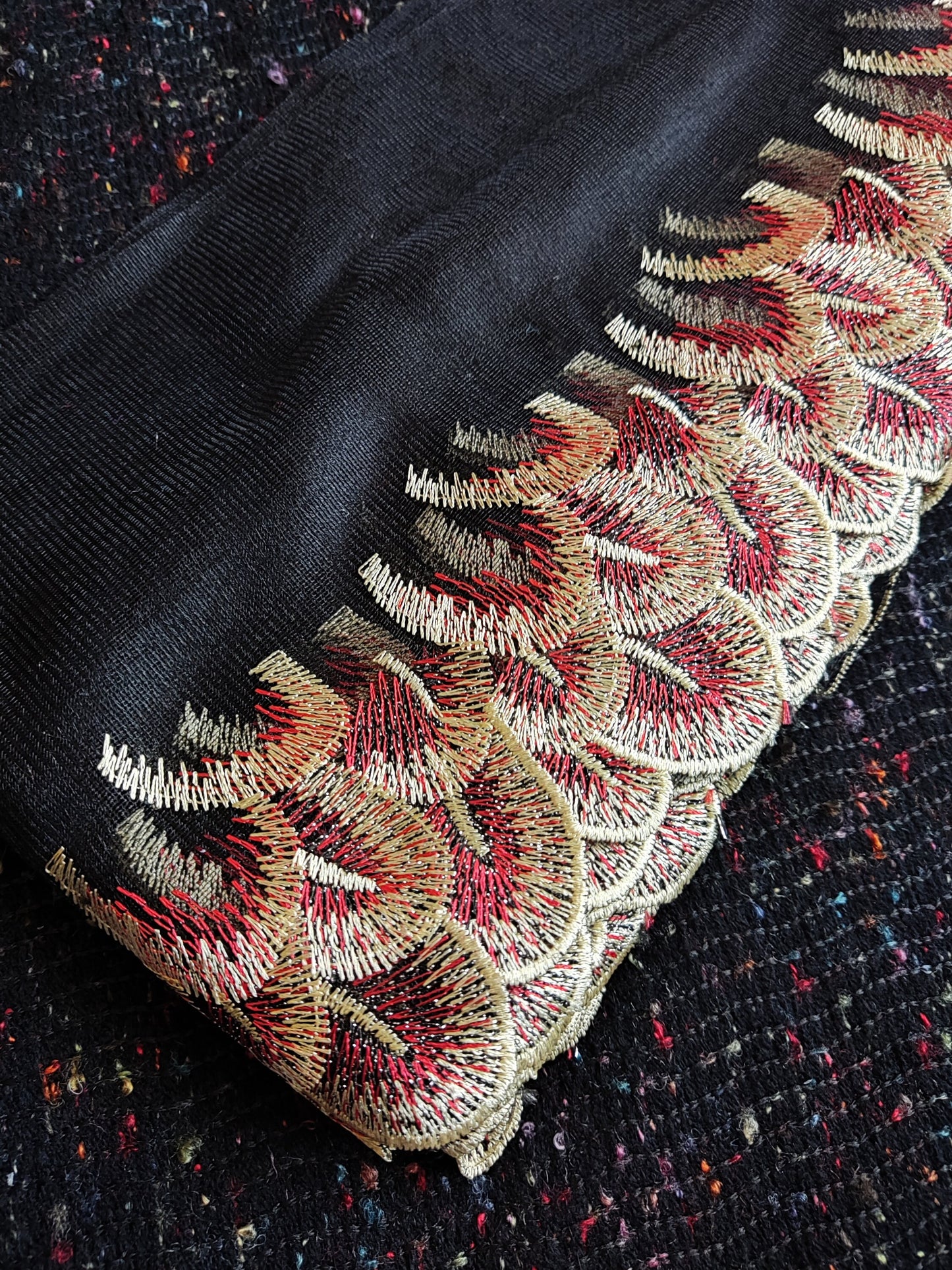 Peacock Feather Embroidered Tulle Mesh Trim- Per yard - 17cm wide Gold metallic Net Edging- Colourful Panel for Dancewear,Doll making