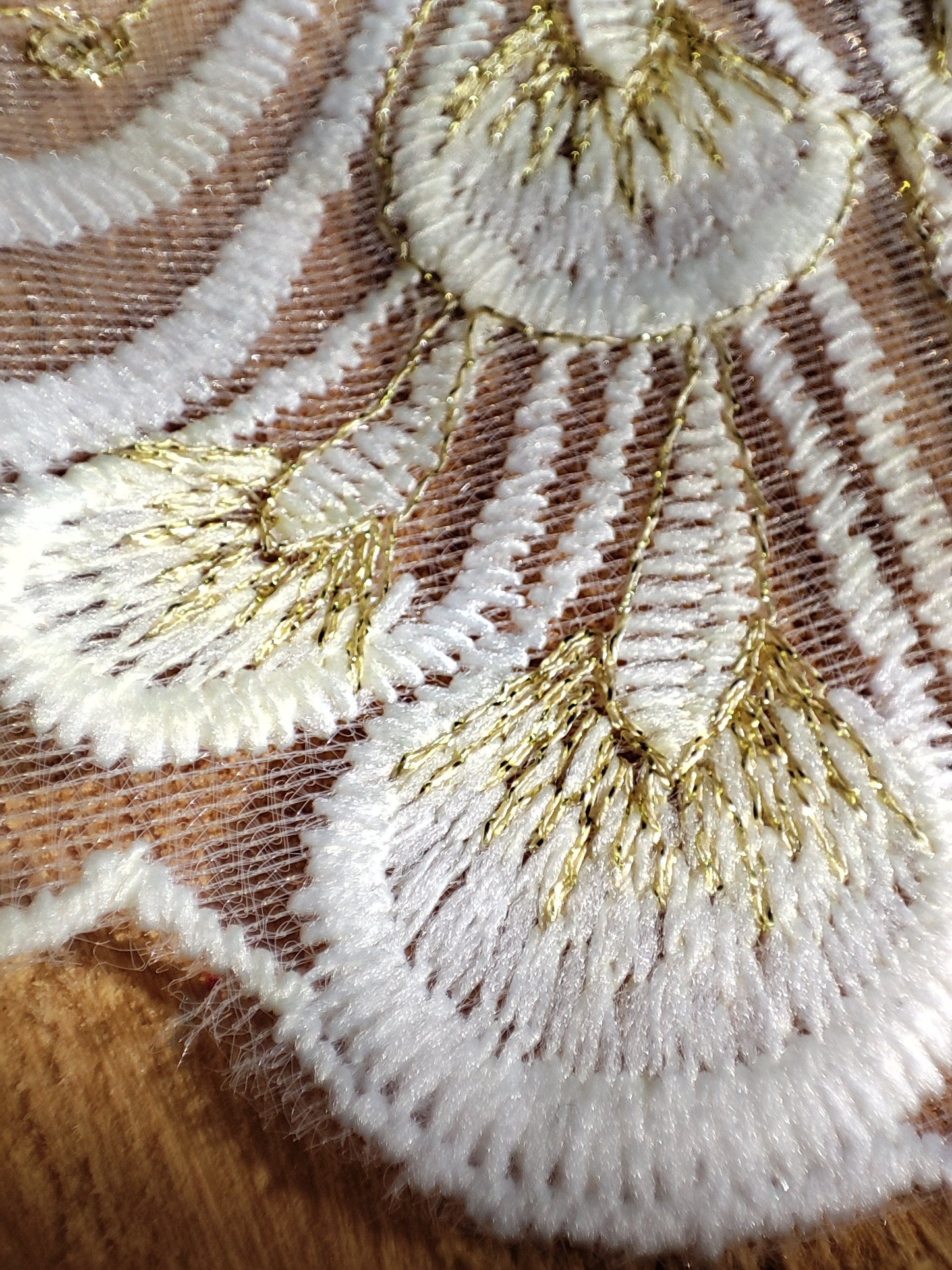 Embroidered Floral Lace Tulle Panel 18cm wide - Per yard - Gold on White Mesh Border for Sewing, Doll Clothes, Dressmaking