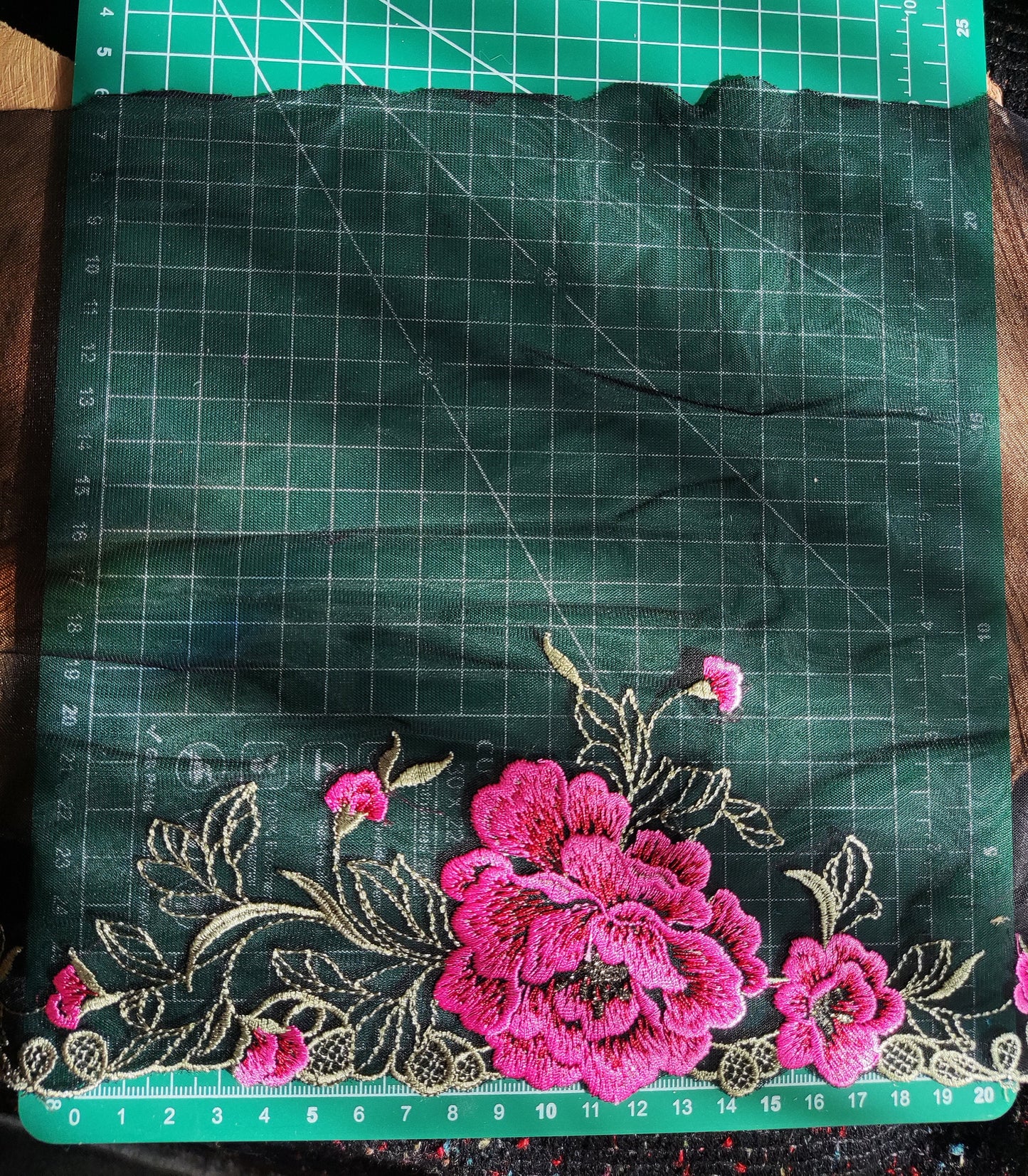 Gold/Pink Peony on Black Net- Flower Lace Trim- Per yard - 20cm wide Gold Floral Edging Border/Colourful Tulle Panel- Dancewear/Doll making