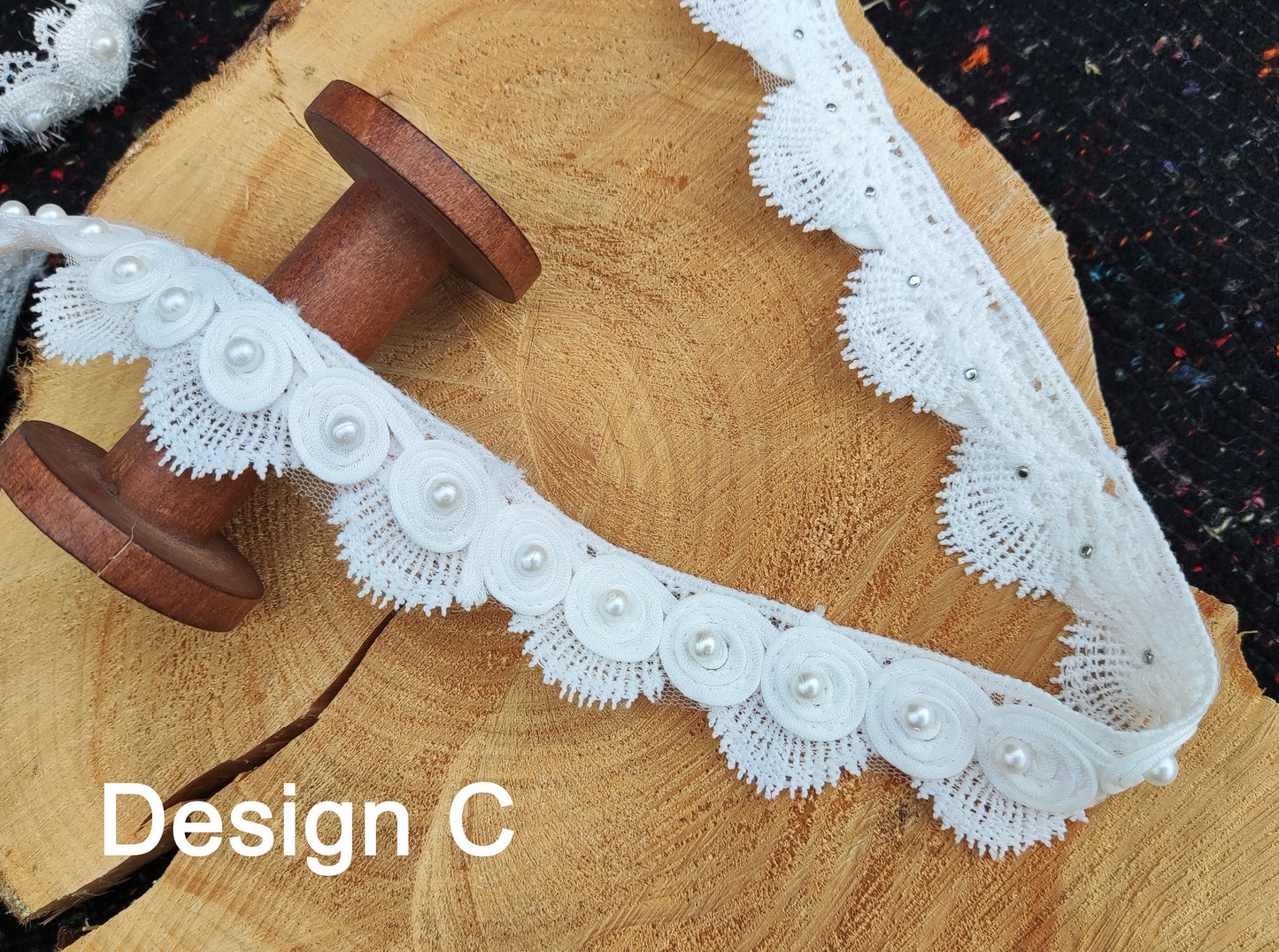 White Swirly Pearls Edging: Beaded Lace Trim -Sold by the Yard