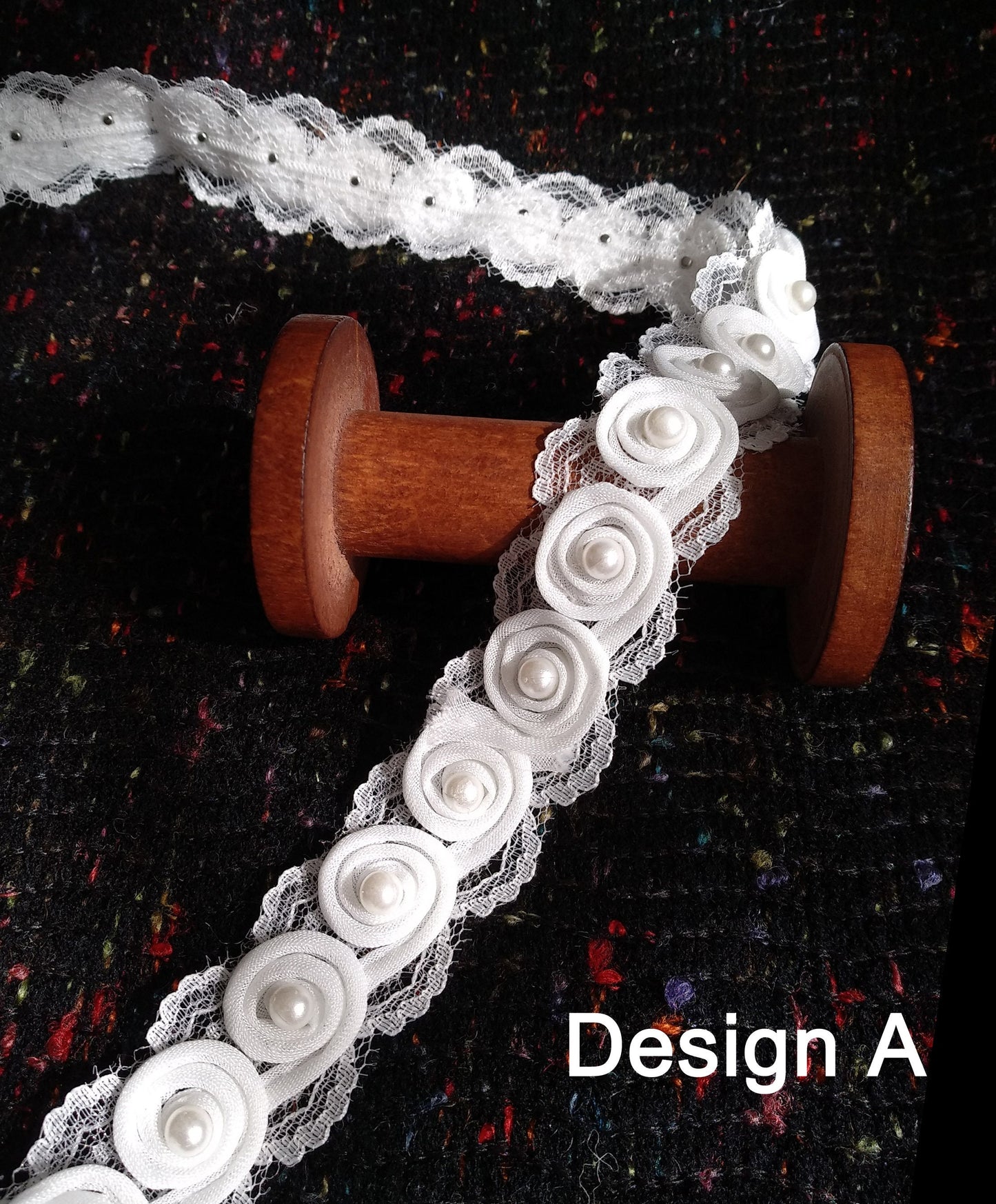 White Swirly Pearls Edging: Beaded Lace Trim -Sold by the Yard