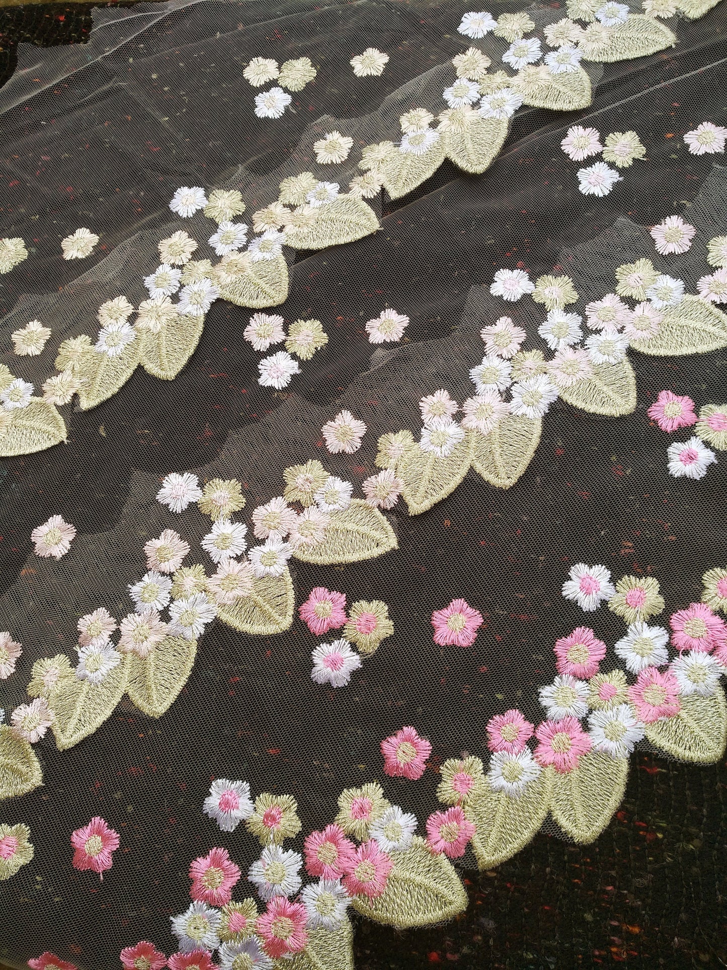 Beige and White Floral Embroidered Mesh Net Trim- Per yard - 18cm wide Gold Flower Lace Edging Border/Colourful Cherry Blossom Tulle Panel