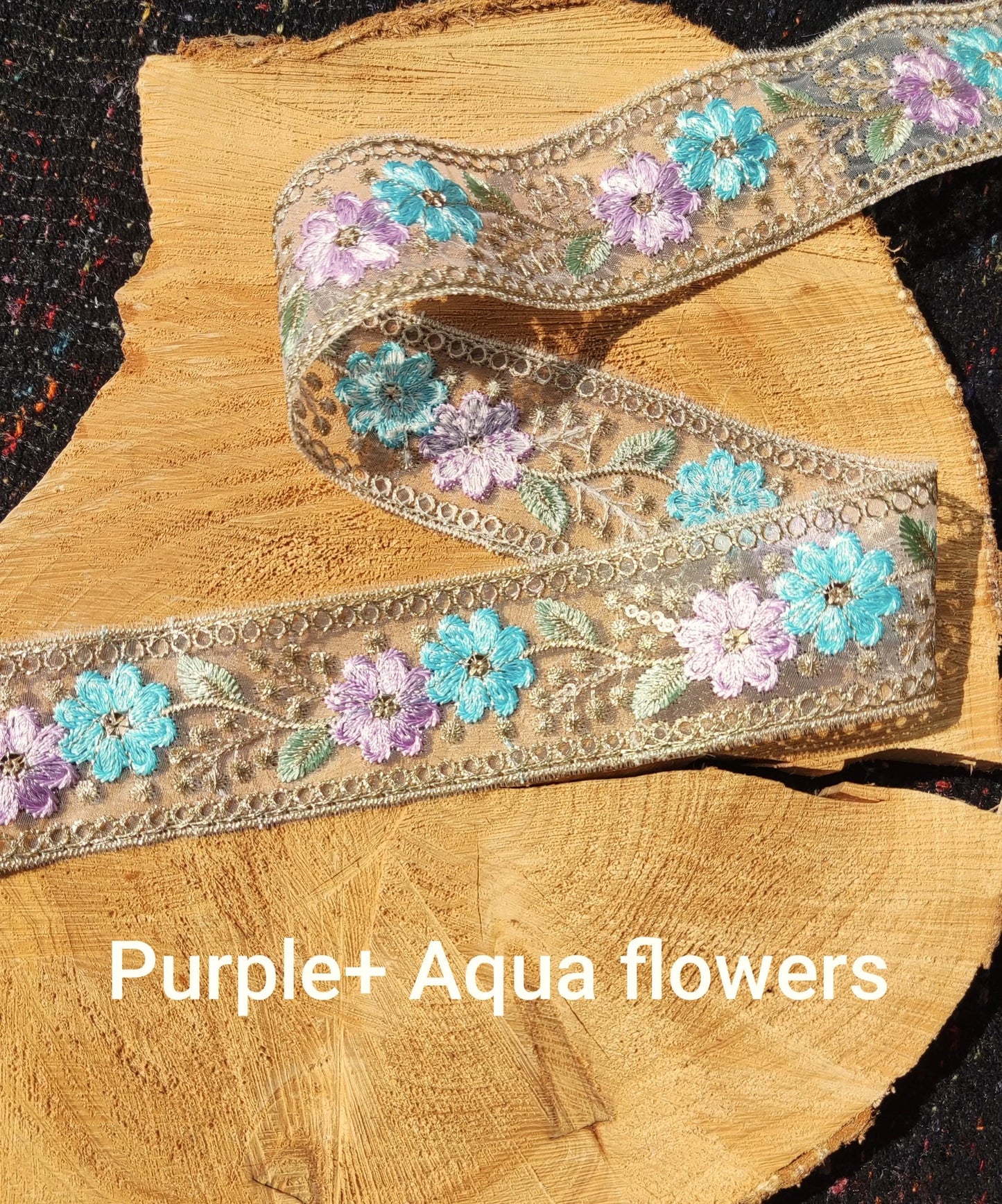Embroidered Sheer Organza Floral Trim with Gold Sequins- 4.5cm wide Flower Mesh Ribbon -Per yard -For Sewing, Costume DIY, Home decor