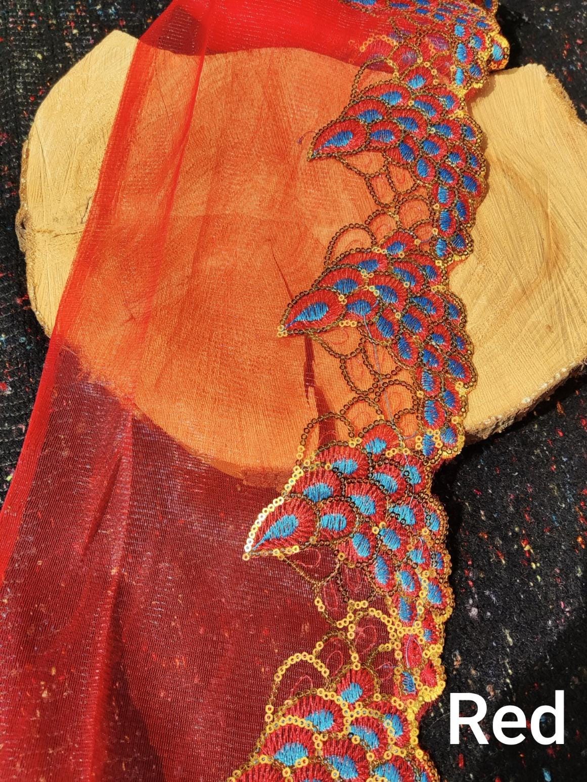 Peacock Feather Sheer Panel with Sequin- 20cm width Embroidered Tulle Trim- Per yard -Sparkly Border for Dancewear, Lingerie, Costume DIY
