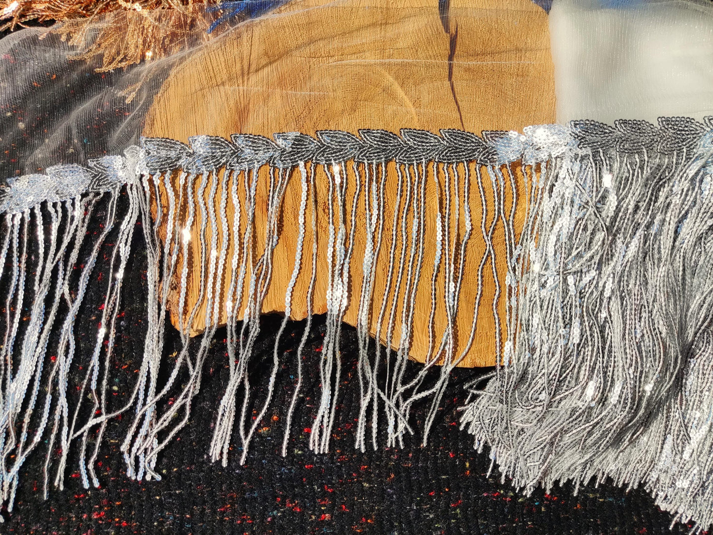 20cm Sequin Tassel Fringe Trim with Tulle Border- Sold by the Yard