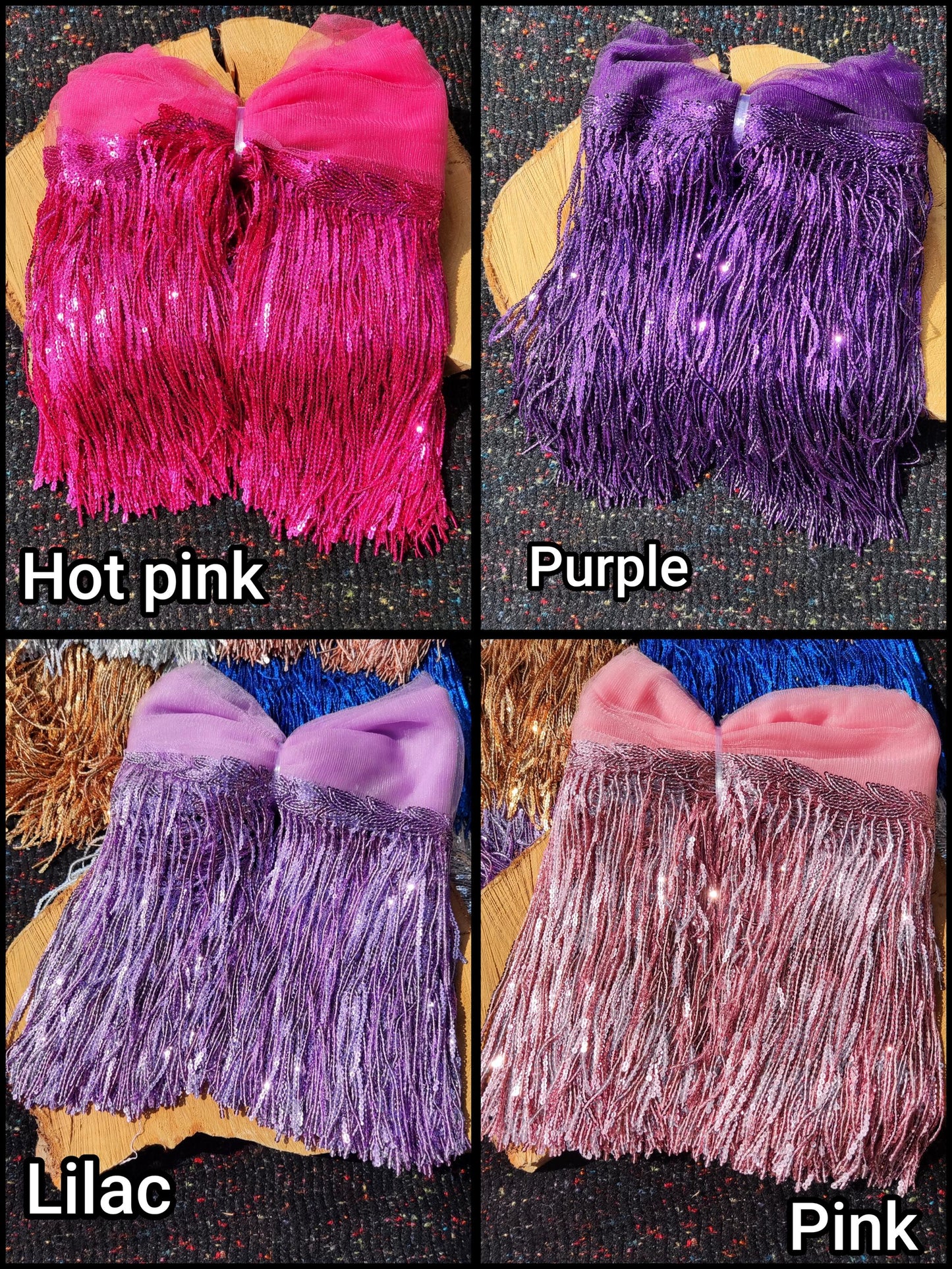 20cm Sequin Tassel Fringe Trim with Tulle Border- Sold by the Yard