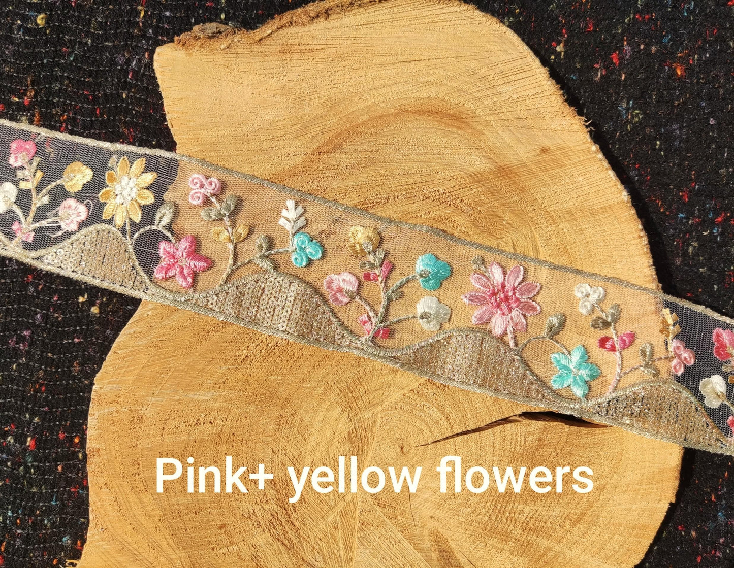 Cottage Garden Embroidered Floral Sheer Ribbon Trim with Sequin- 6cm Gold Flower Mesh Net -Per yard -DIY Craft Embellishment, Dress making