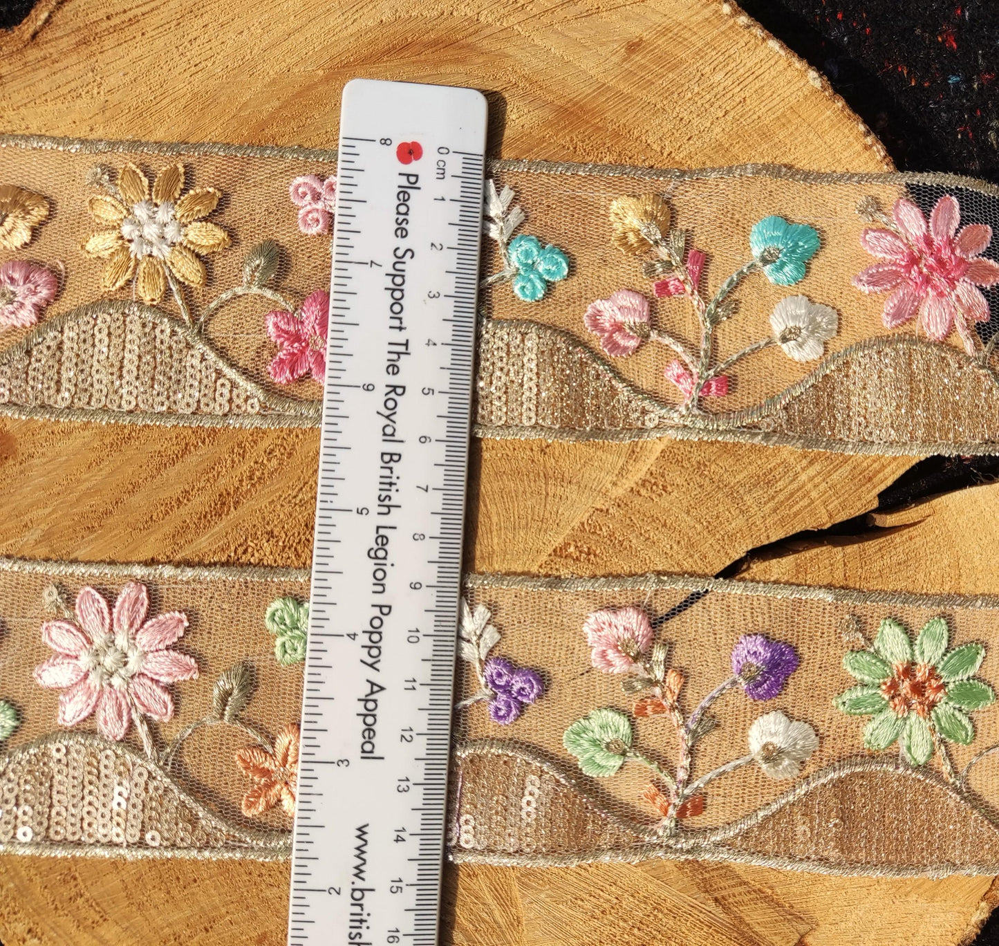 Cottage Garden Embroidered Floral Sheer Ribbon Trim with Sequin- 6cm Gold Flower Mesh Net -Per yard -DIY Craft Embellishment, Dress making