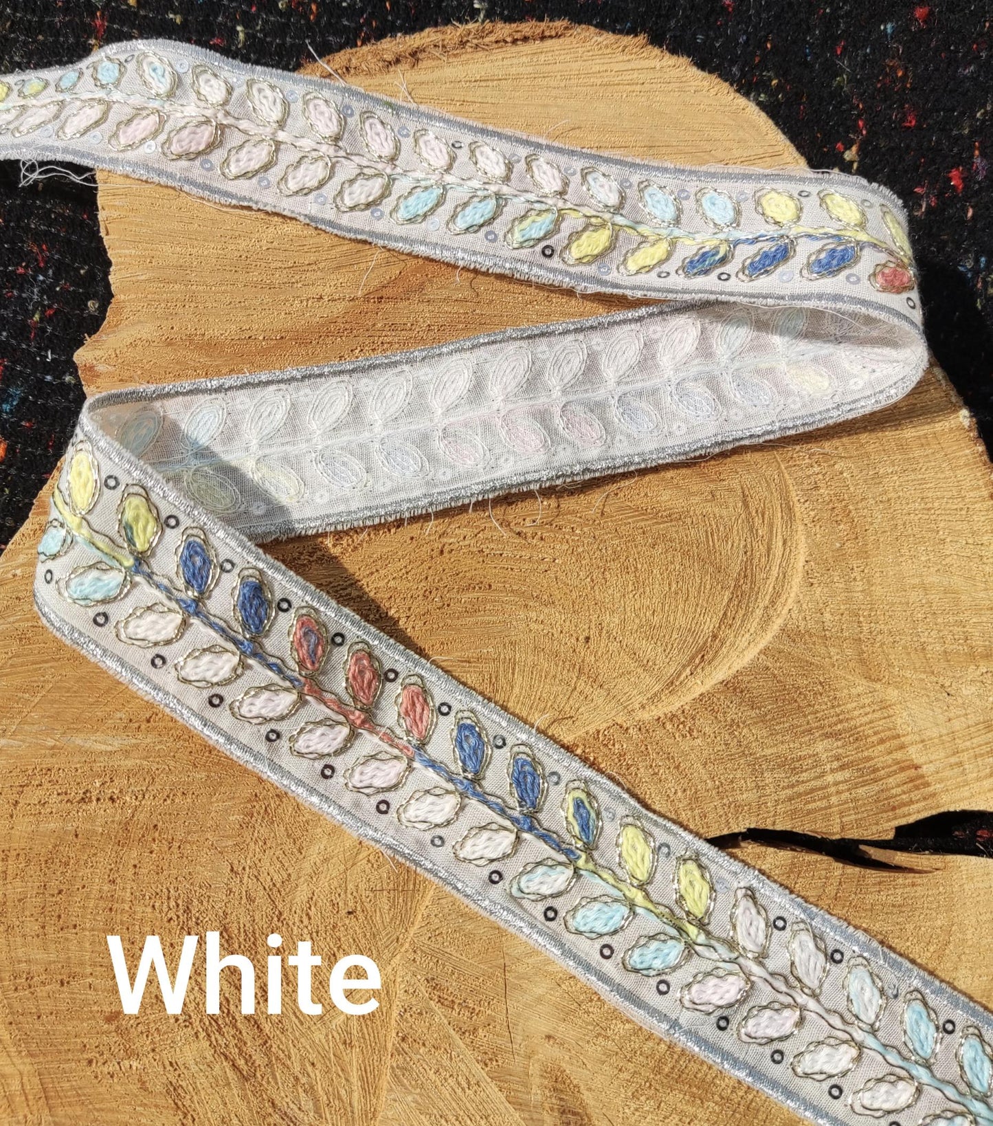 Ombre Rainbow Stem Embroidered Trim with Sequin- Per yard - 3.5cm width Stitched Leaf Edging, Ethnic Border, Colorful Embellishment