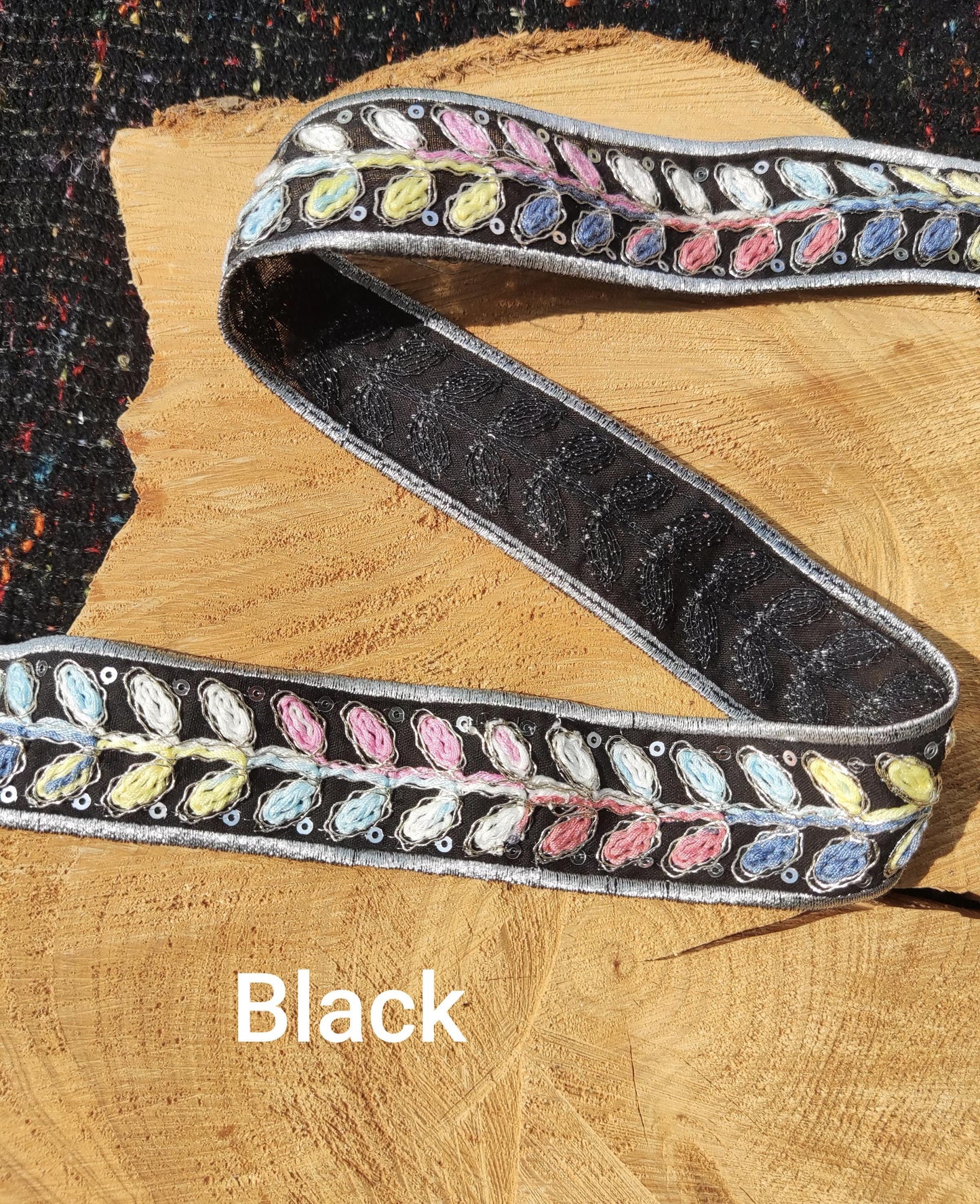 Ombre Rainbow Stem Embroidered Trim with Sequin- Per yard - 3.5cm width Stitched Leaf Edging, Ethnic Border, Colorful Embellishment