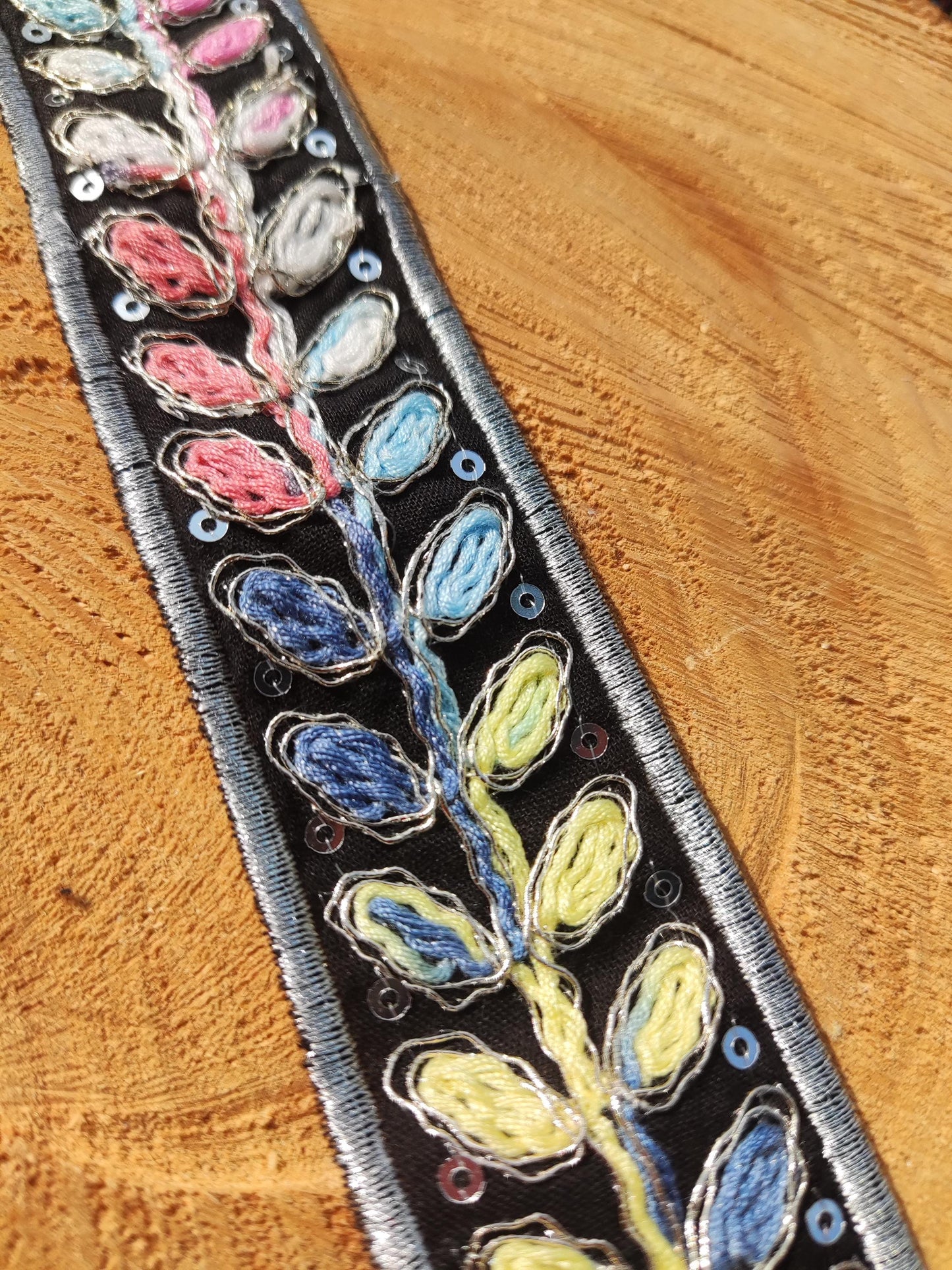 Ombre Rainbow Stem Embroidered Trim with Sequin- Per yard - 3.5cm width Stitched Leaf Edging, Ethnic Border, Colorful Embellishment