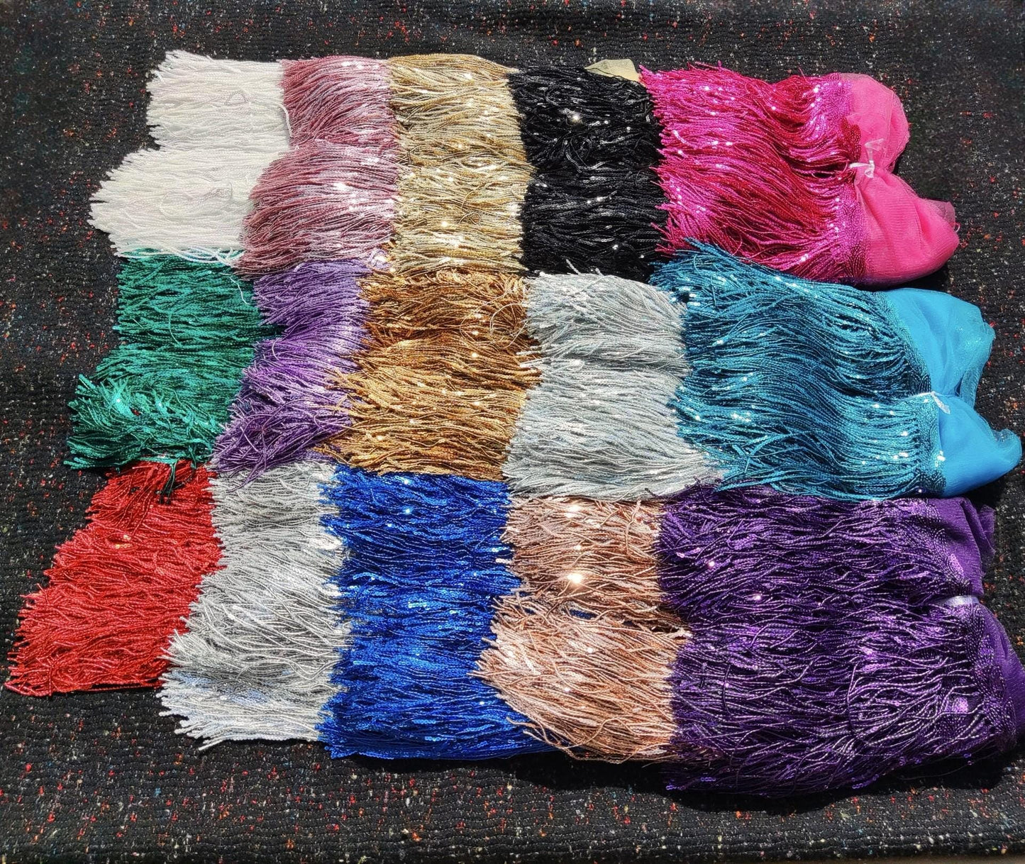 20cm Sequin Tassel Fringe Trim with Tulle Border- Sold by the Yard