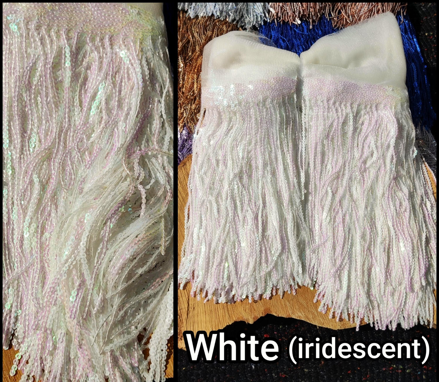 20cm Sequin Tassel Fringe Trim with Tulle Border- Sold by the Yard