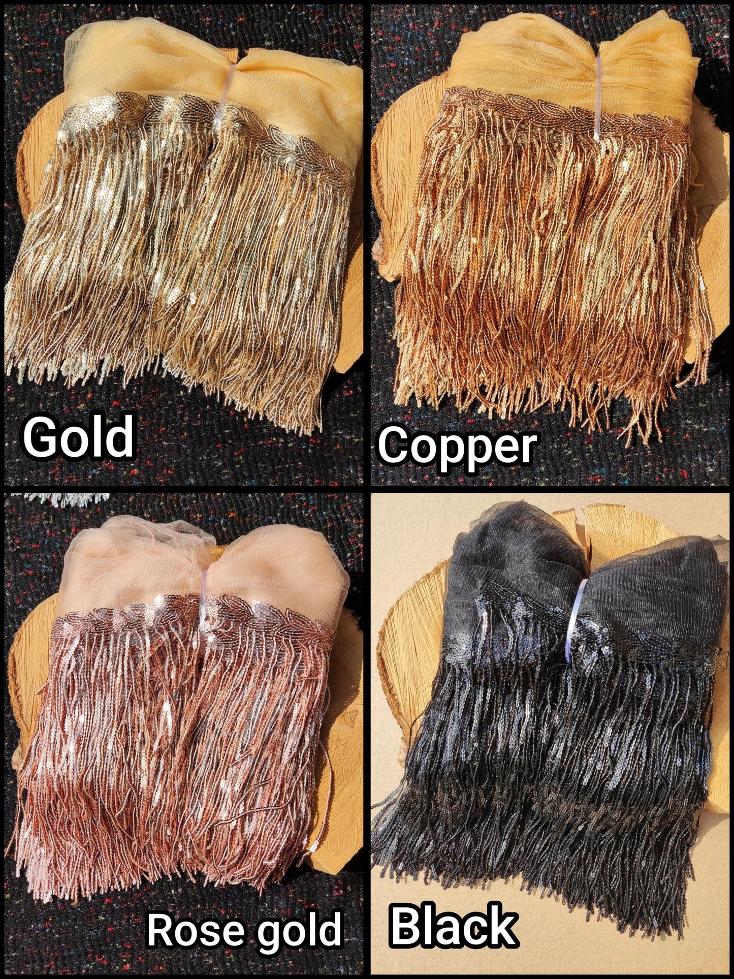 20cm Sequin Tassel Fringe Trim with Tulle Border- Sold by the Yard