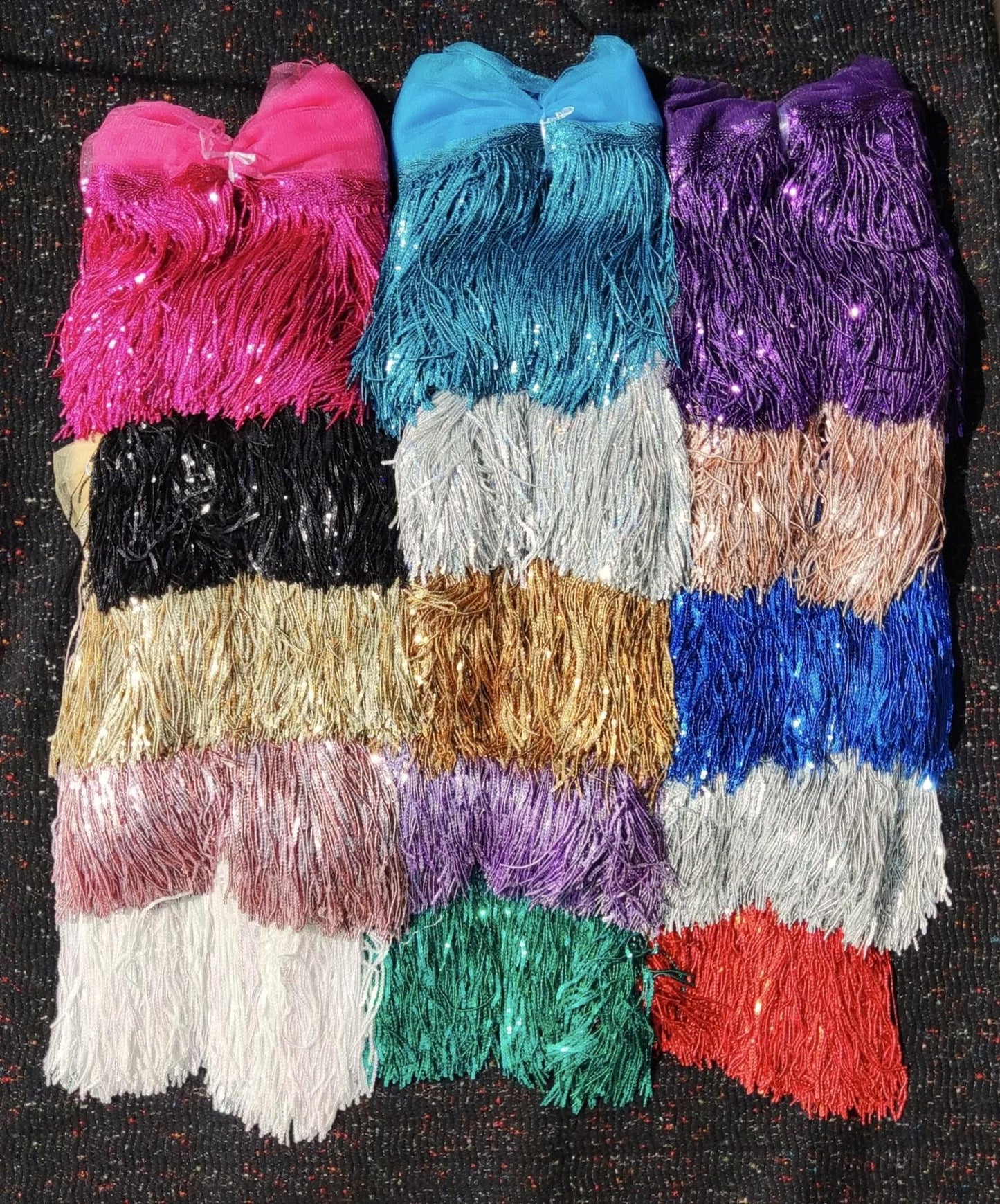 20cm Sequin Tassel Fringe Trim with Tulle Border- Sold by the Yard