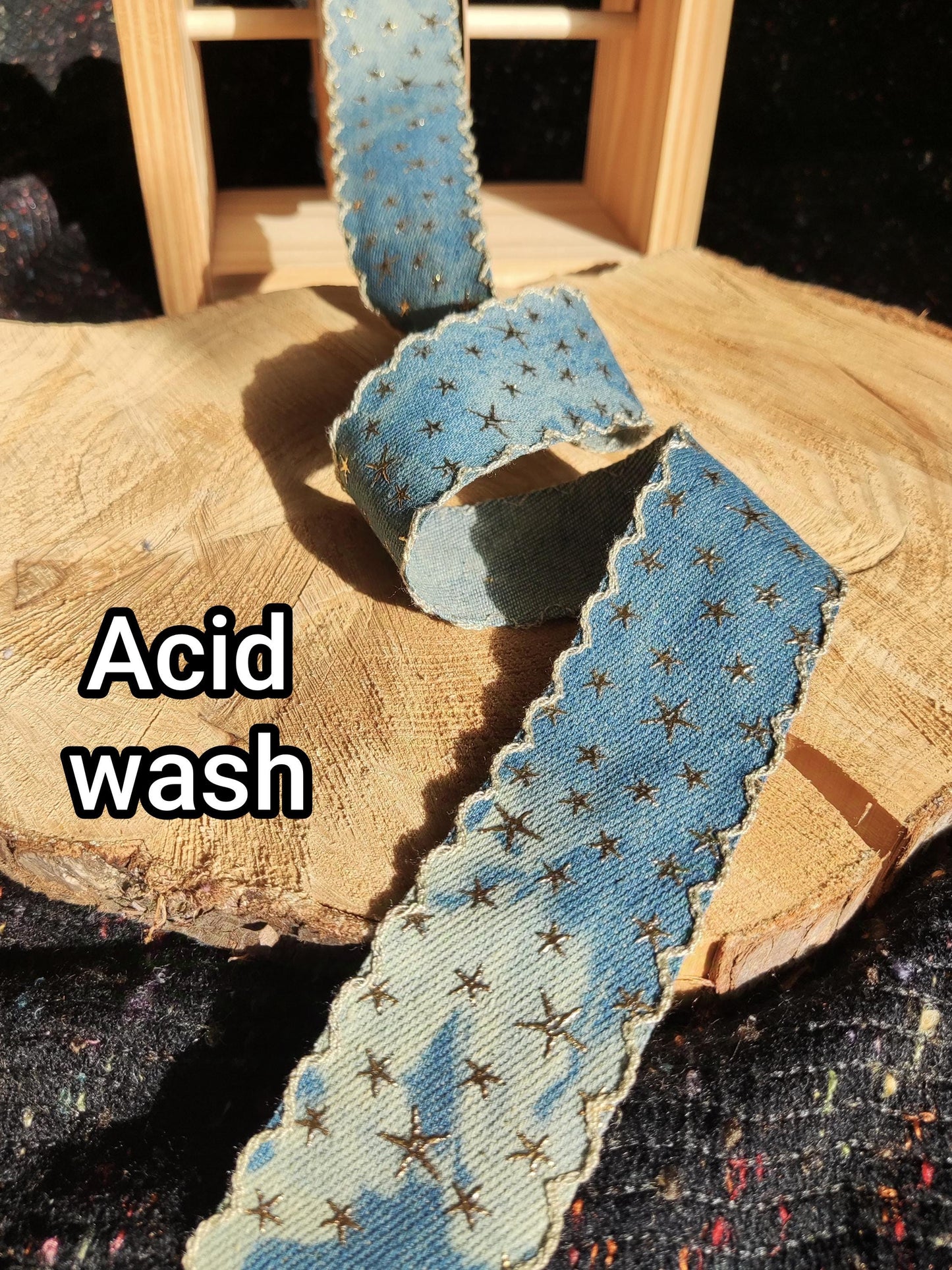 3D Gold Star Denim Ribbon with Embroidered Scallop Edge- 25mm or 40mm width- Per yard -For Acid wash Jeans DIY, Hatband, Bag making