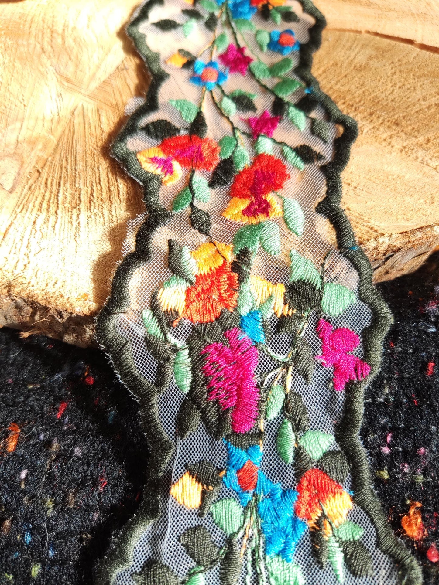 Zig Zag Embroidered Floral Sheer Ribbon Trim- 6.5cm width Flower Mesh Organza Net Border- Per yard- Folk Ethnic Craft DIY Costume