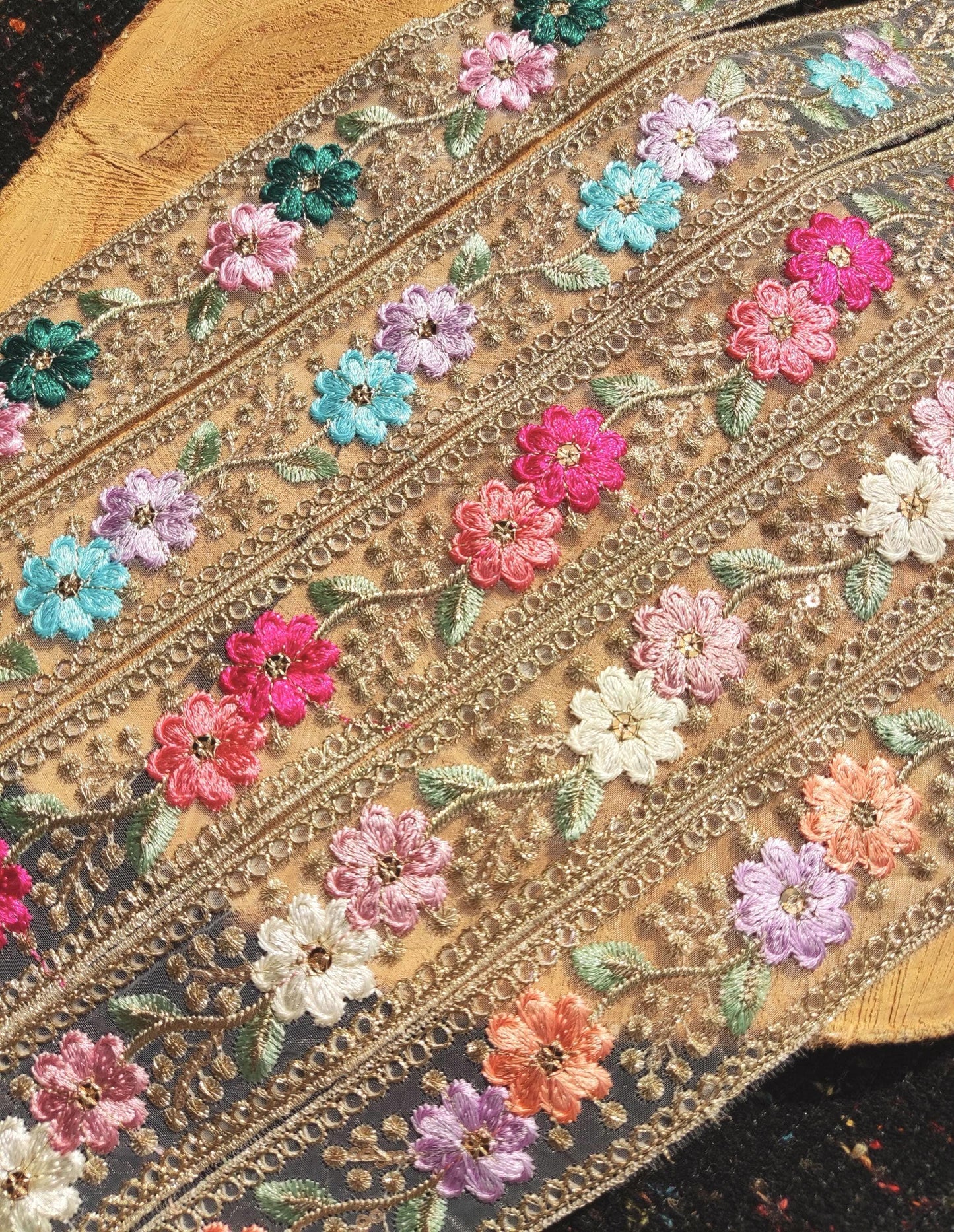 Embroidered Sheer Organza Floral Trim with Gold Sequins- 4.5cm wide Flower Mesh Ribbon -Per yard -For Sewing, Costume DIY, Home decor