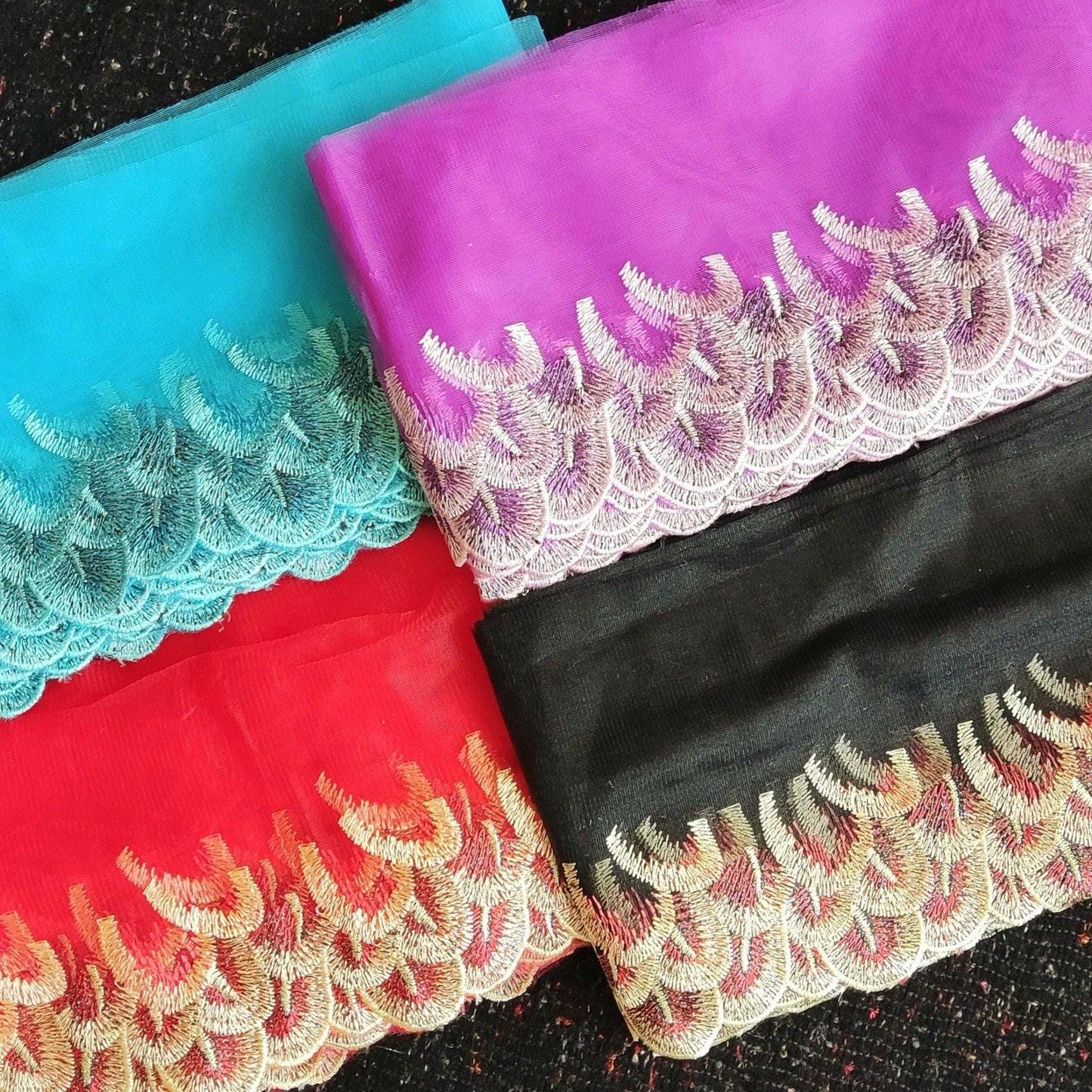 Peacock Feather Embroidered Tulle Mesh Trim- Per yard - 17cm wide Gold metallic Net Edging- Colourful Panel for Dancewear,Doll making