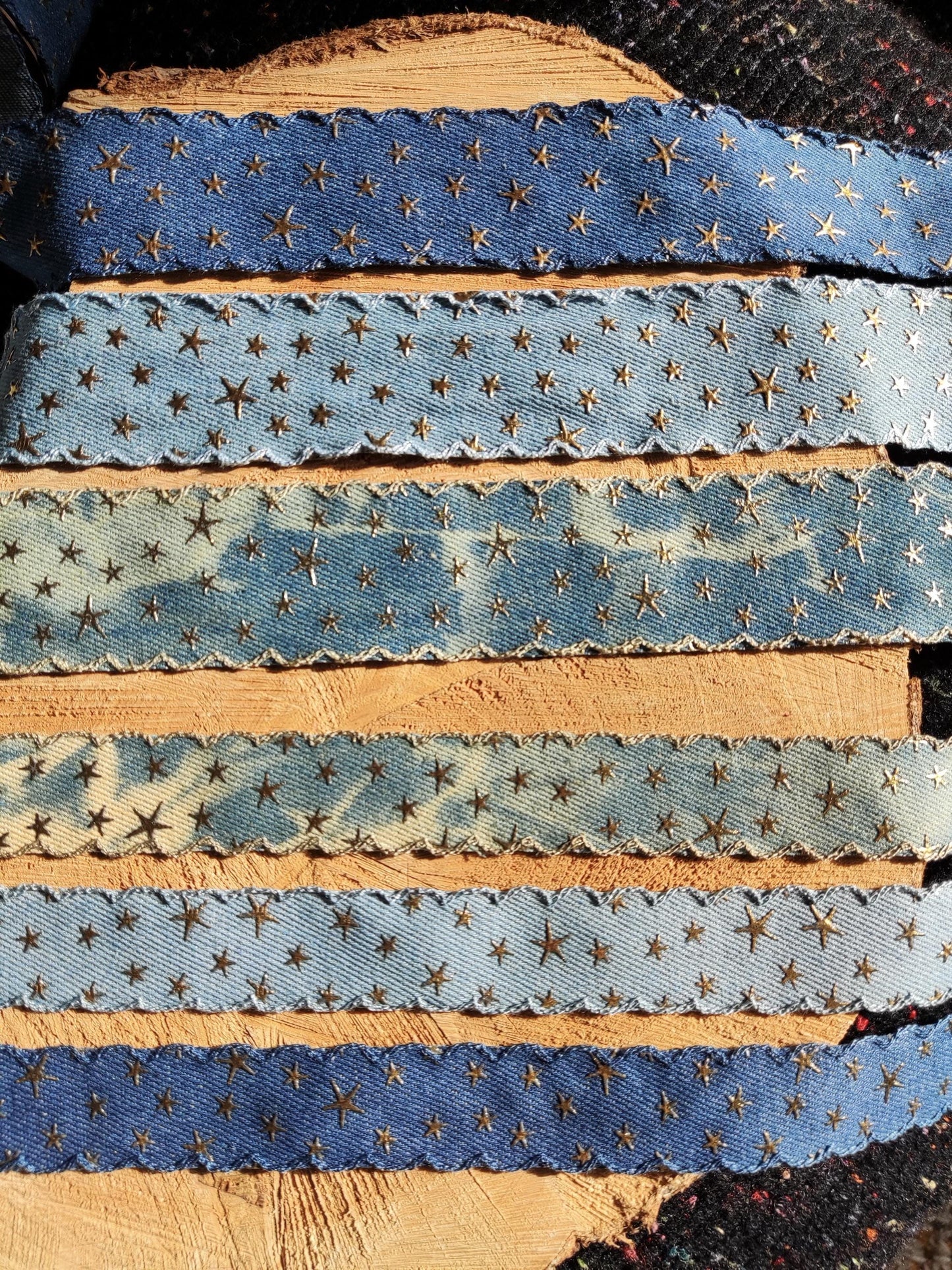 3D Gold Star Denim Ribbon with Embroidered Scallop Edge- 25mm or 40mm width- Per yard -For Acid wash Jeans DIY, Hatband, Bag making