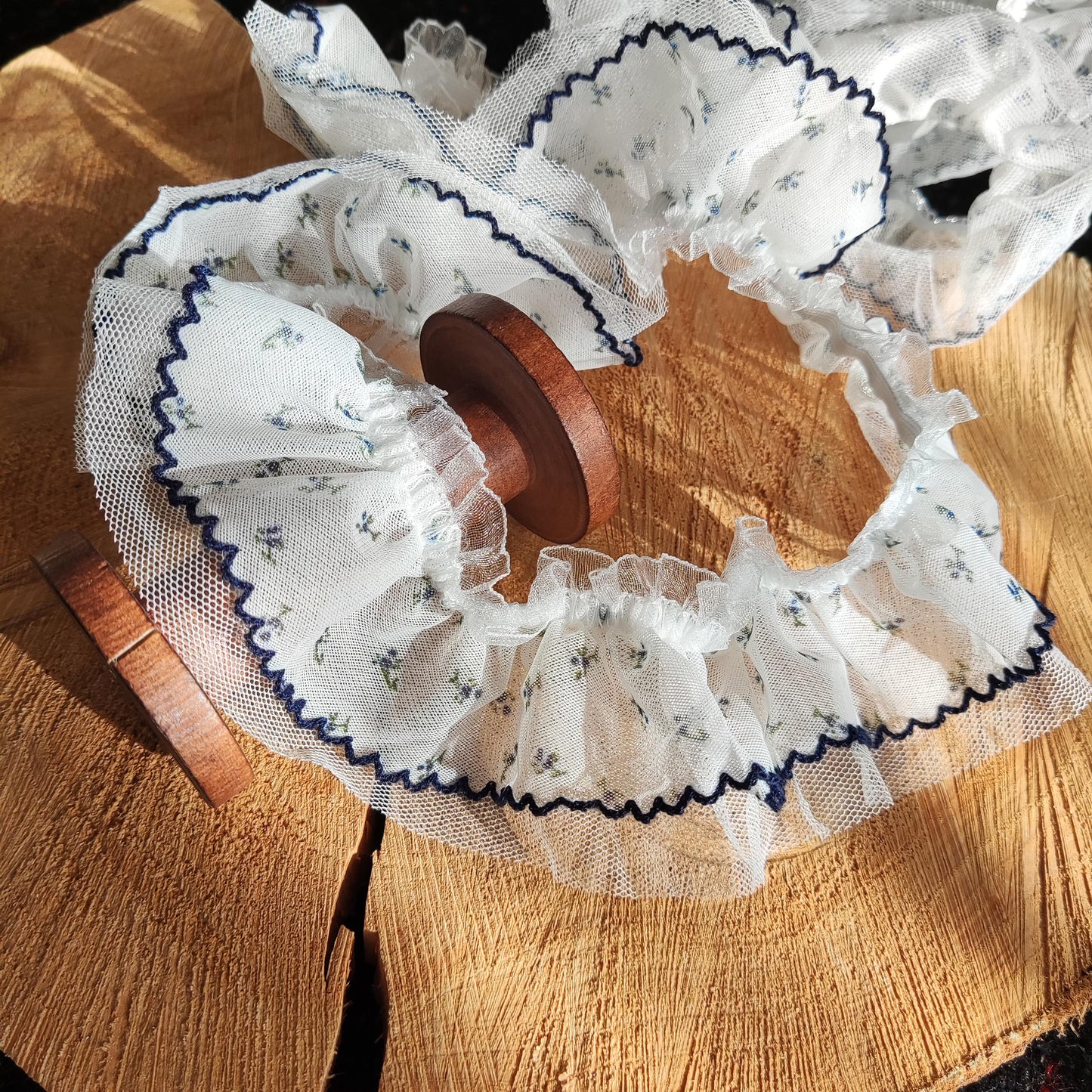 Stretchy Double layered Floral Ruffle Trim- 6cm width Navy Blue Elastic Flower Border- For Clothes DIY, Doll making, Dressmaking