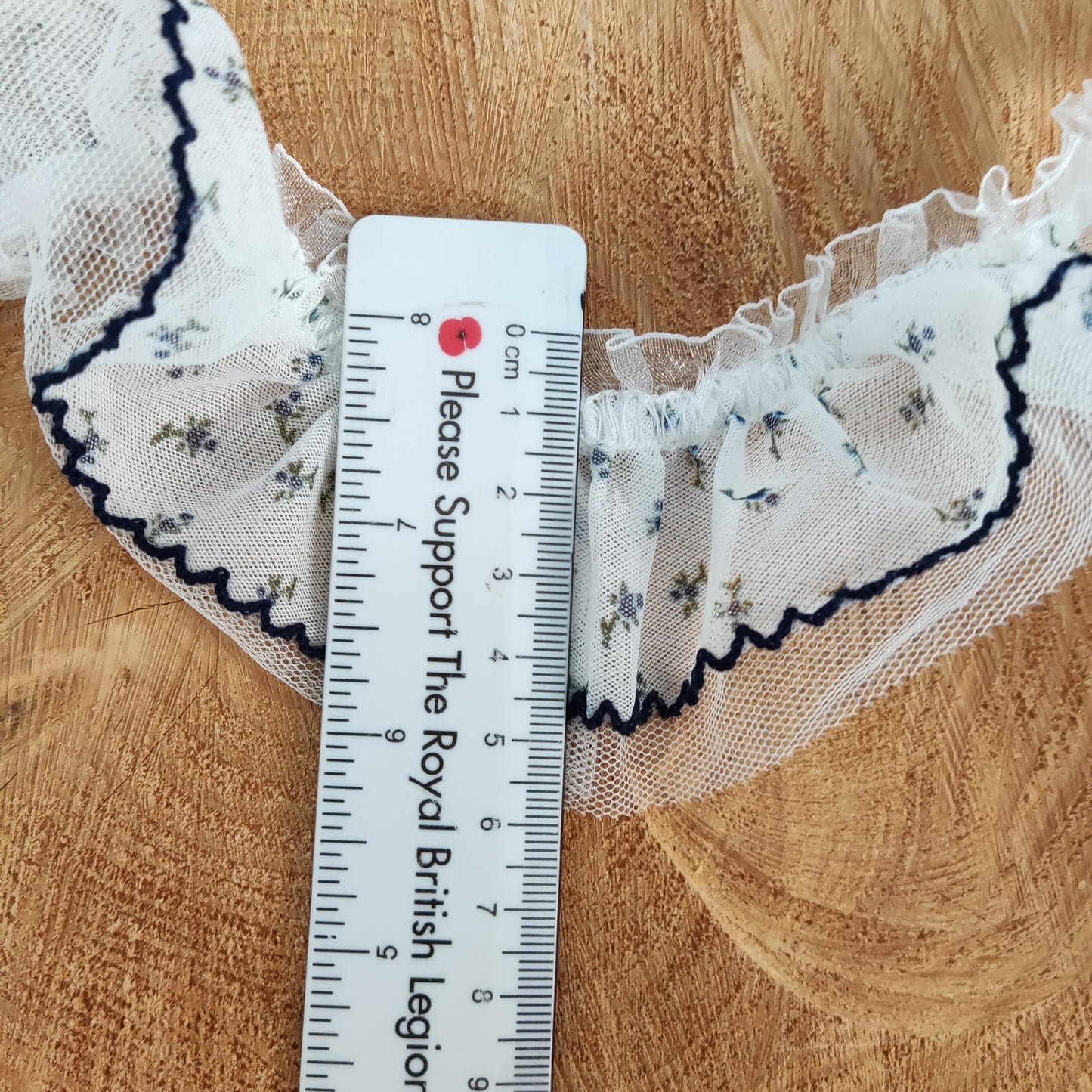 Stretchy Double layered Floral Ruffle Trim- 6cm width Navy Blue Elastic Flower Border- For Clothes DIY, Doll making, Dressmaking