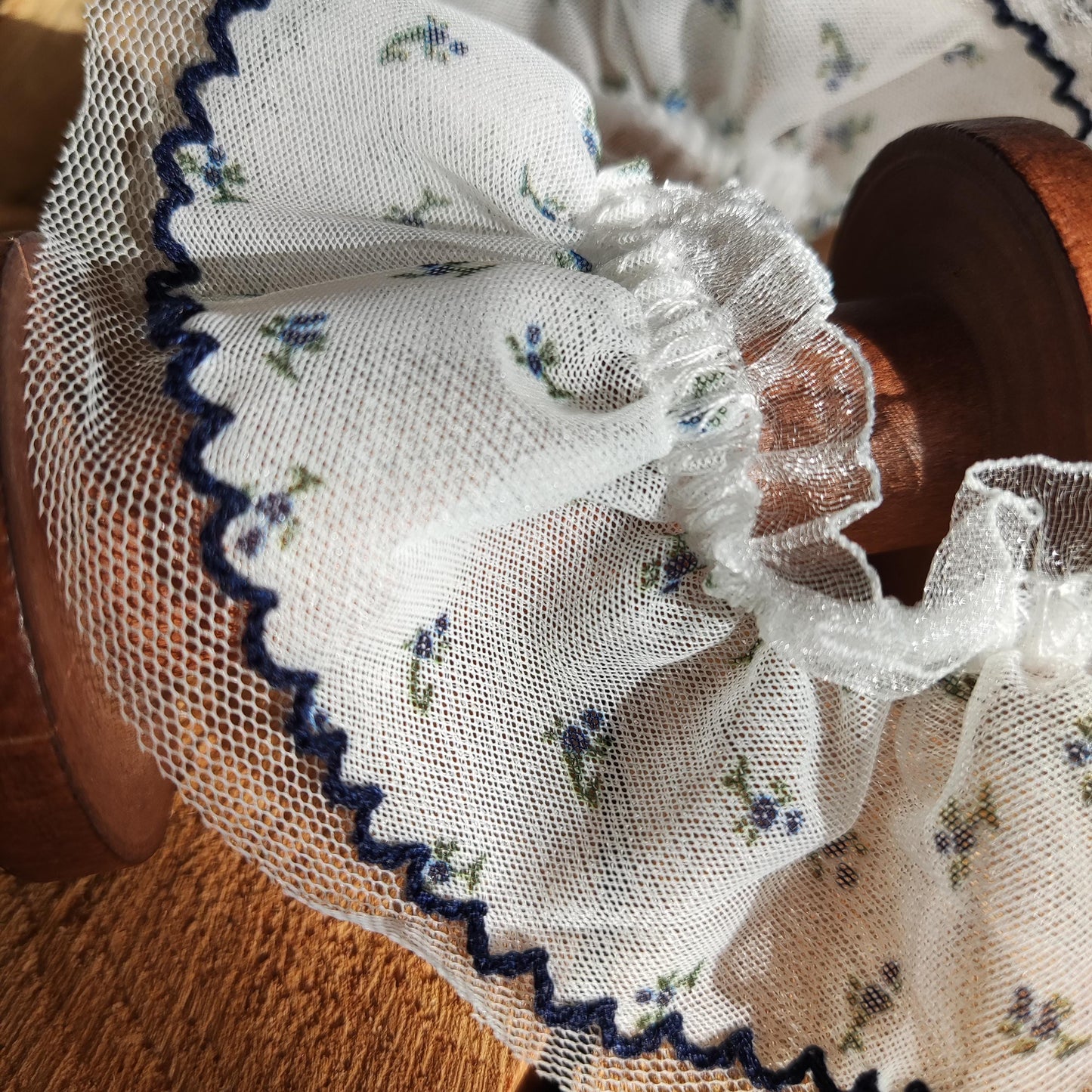 Stretchy Double layered Floral Ruffle Trim- 6cm width Navy Blue Elastic Flower Border- For Clothes DIY, Doll making, Dressmaking