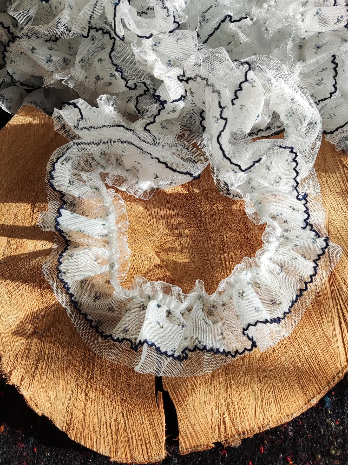 Stretchy Double layered Floral Ruffle Trim- 6cm width Navy Blue Elastic Flower Border- For Clothes DIY, Doll making, Dressmaking