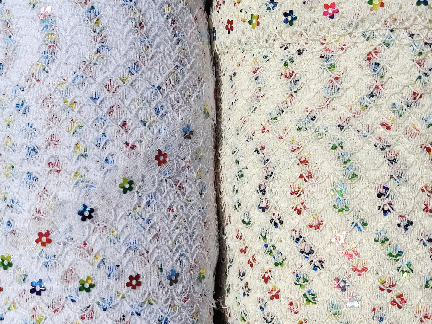 Delicate Lace trim with Rainbow Sequin Flower-1.5cm White/Ivory floral embellishment/edging-DIY Sewing/Doll Making/Scrapbooking/Junk journal