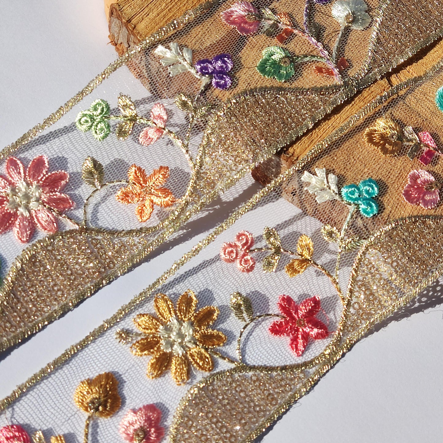 Cottage Garden Embroidered Floral Sheer Ribbon Trim with Sequin- 6cm Gold Flower Mesh Net -Per yard -DIY Craft Embellishment, Dress making