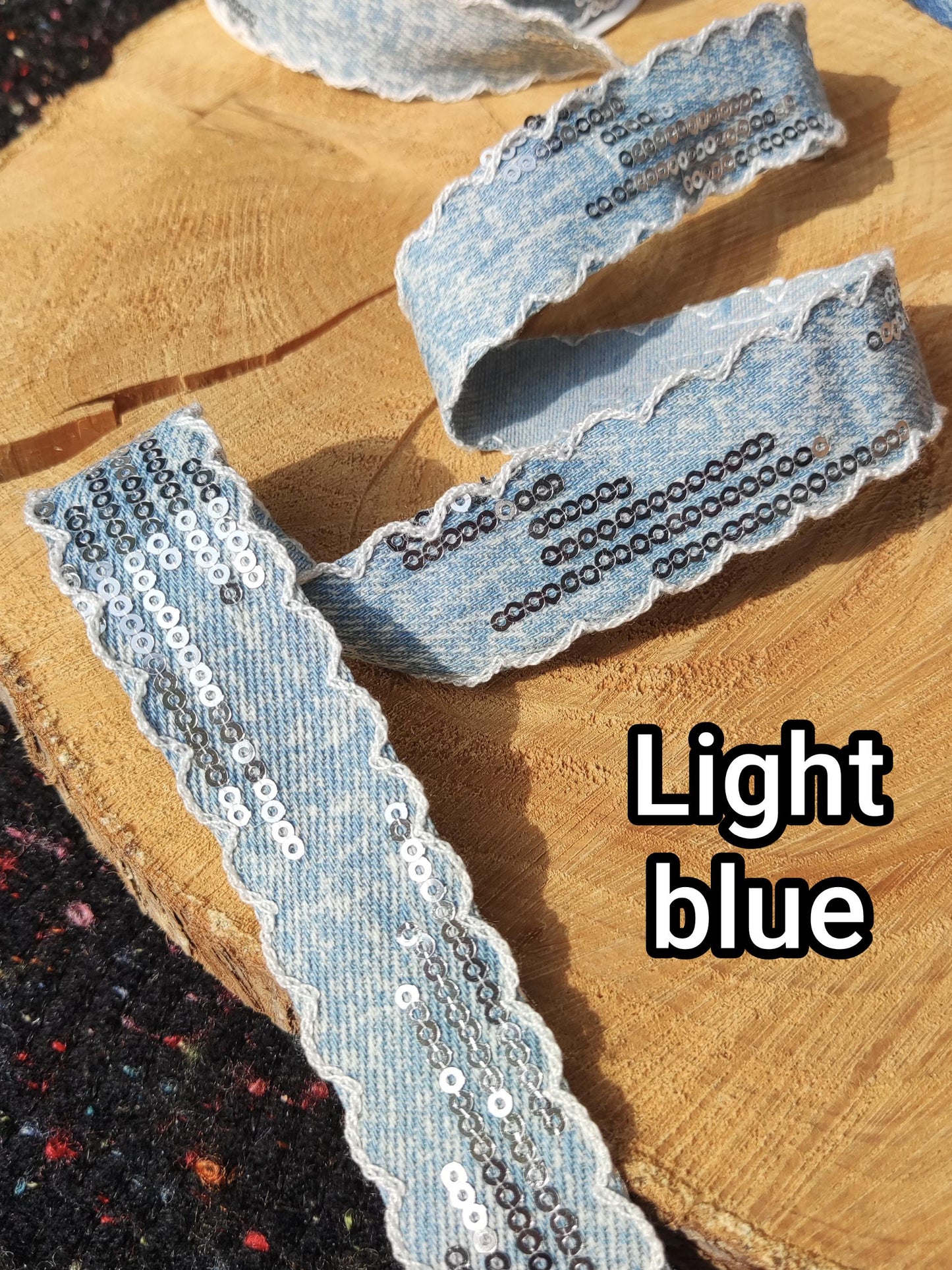 Distressed Denim Ribbon/Trim with Sequin- 25mm width Wavy Embroidered Scallop Edge in Blue/Black -Per yard -DIY Hats Bags Jeans