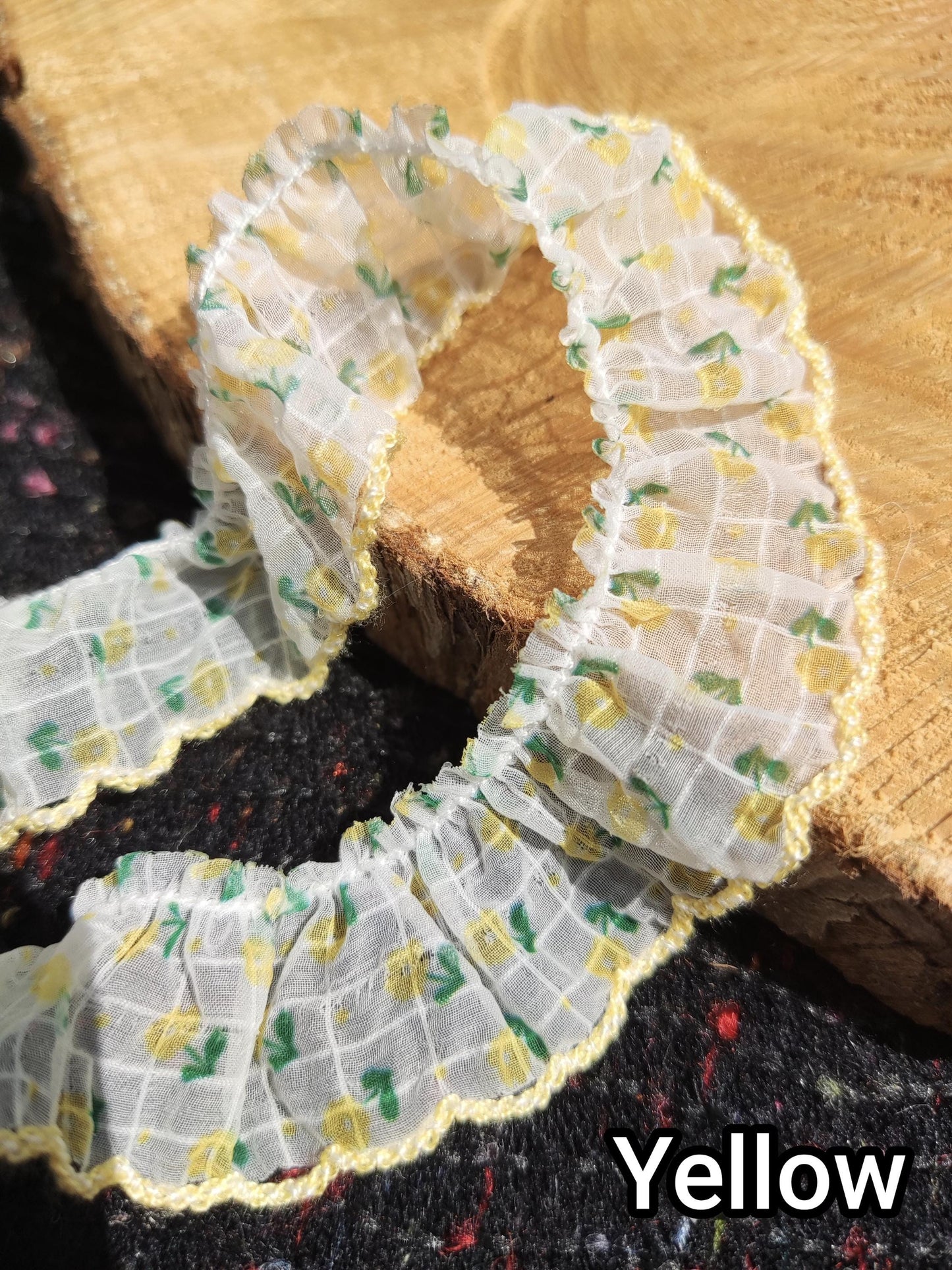 Floral on Grid Sheer Chiffon Trim with Scallop Edge -Per Yard -2cm Width Frilly Border for Sewing, Doll Clothes, Scrunchie DIY