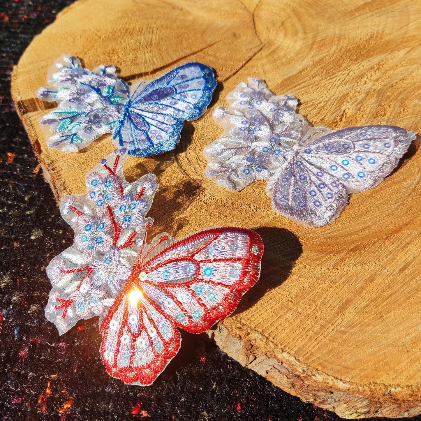 Fairytale Butterfly Floral Lace Applique with Sequin- Sew on Embroidered Organza Motif, Sparkly Patch