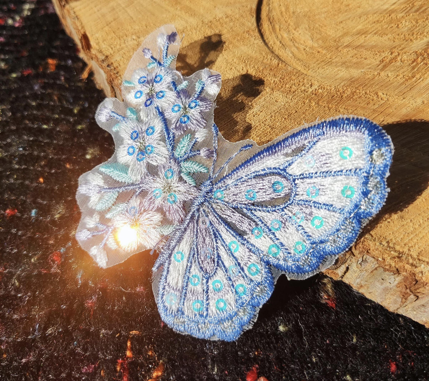 Fairytale Butterfly Floral Lace Applique with Sequin- Sew on Embroidered Organza Motif, Sparkly Patch