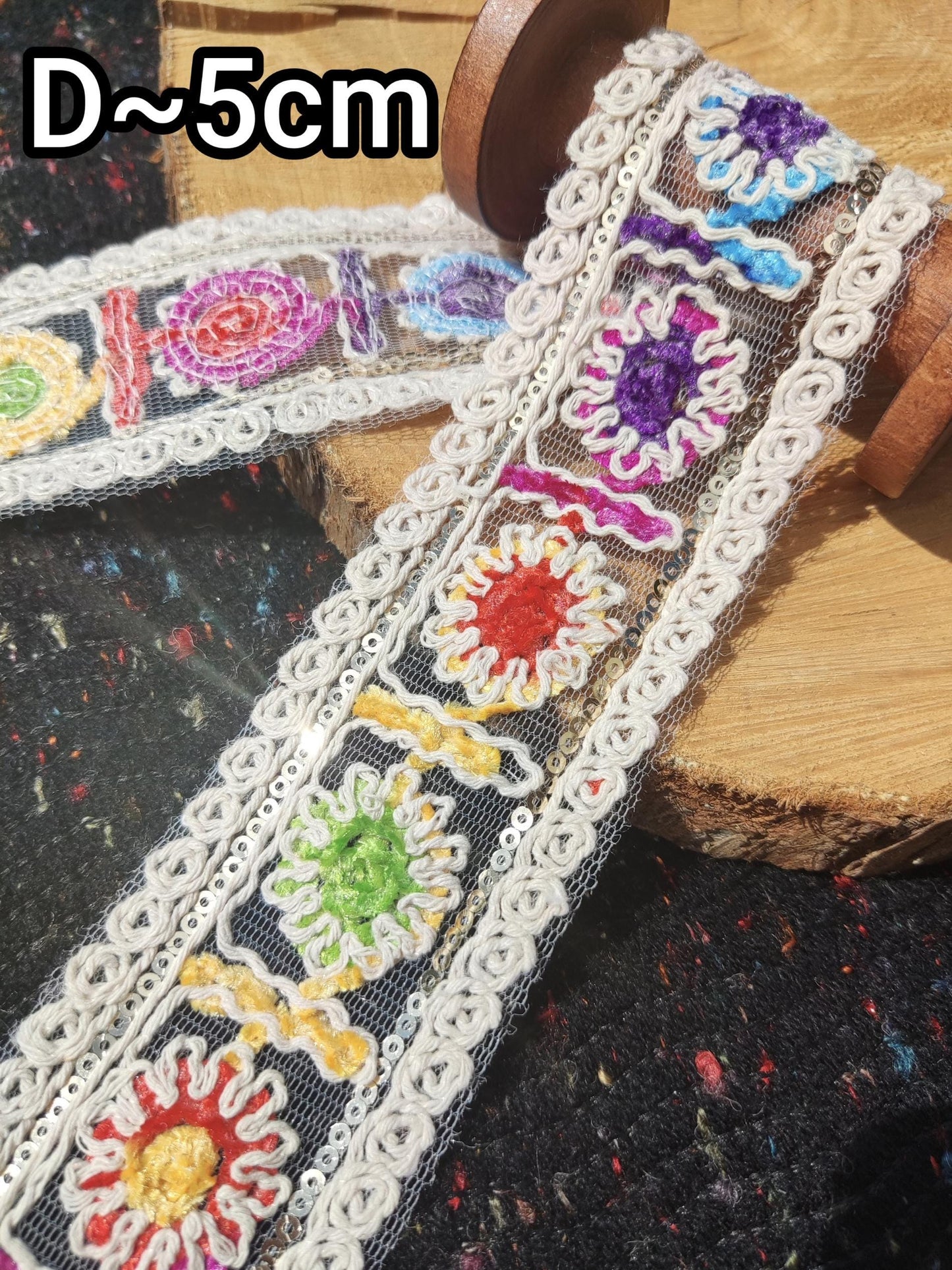 Chenille Embroidered Rainbow Trim- Per yard- 4cm Width Beige Sheer Mesh Ribbon with Sequin for Sewing, Costume DIY, Dressmaking