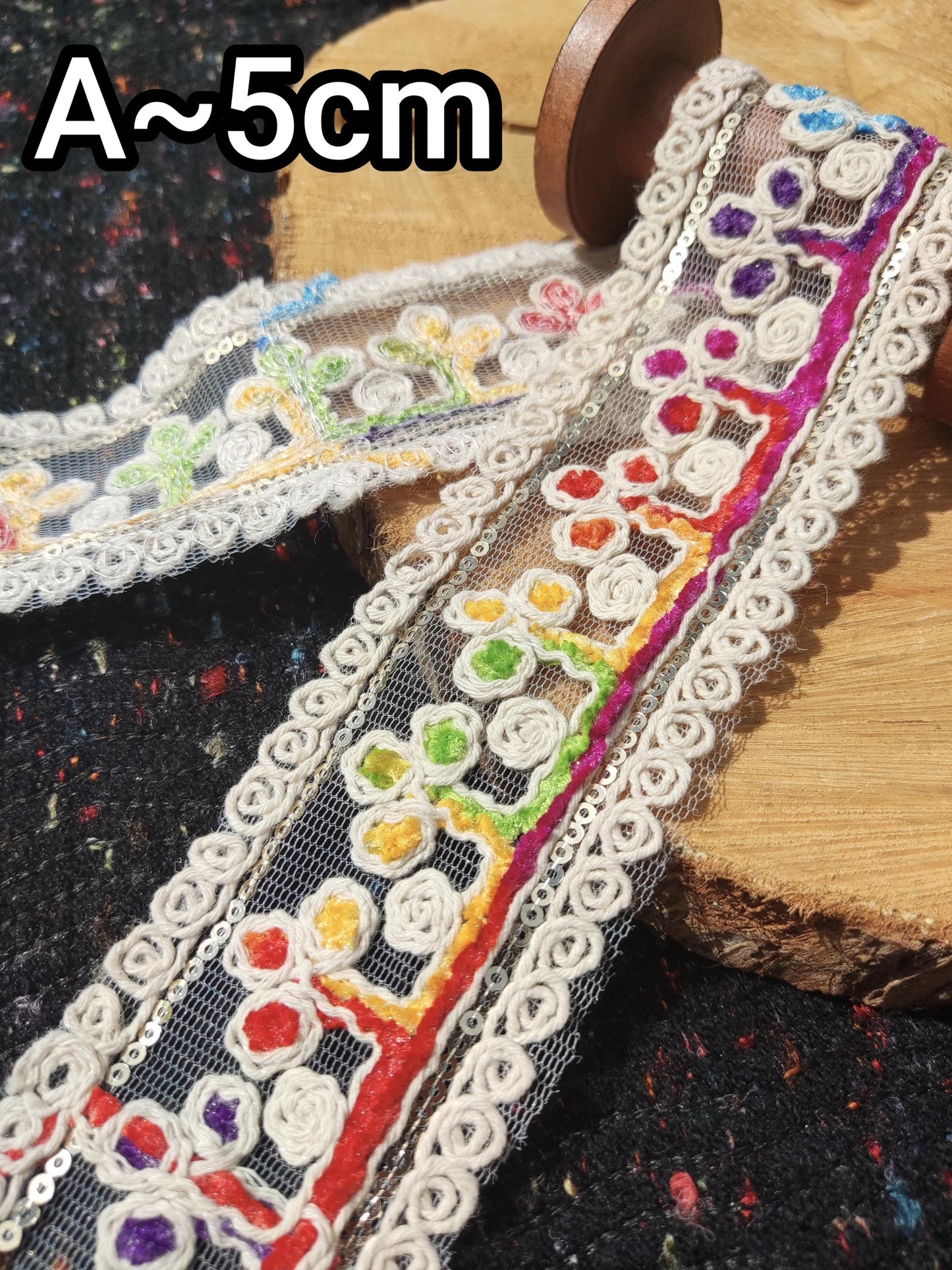 Chenille Embroidered Rainbow Trim- Per yard- 4cm Width Beige Sheer Mesh Ribbon with Sequin for Sewing, Costume DIY, Dressmaking