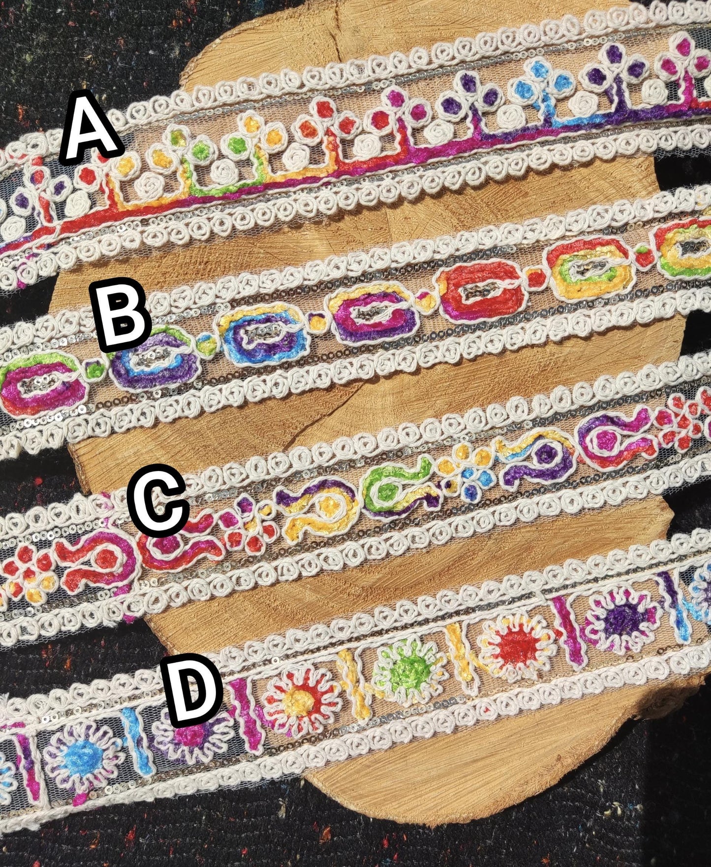 Chenille Embroidered Rainbow Trim- Per yard- 4cm Width Beige Sheer Mesh Ribbon with Sequin for Sewing, Costume DIY, Dressmaking
