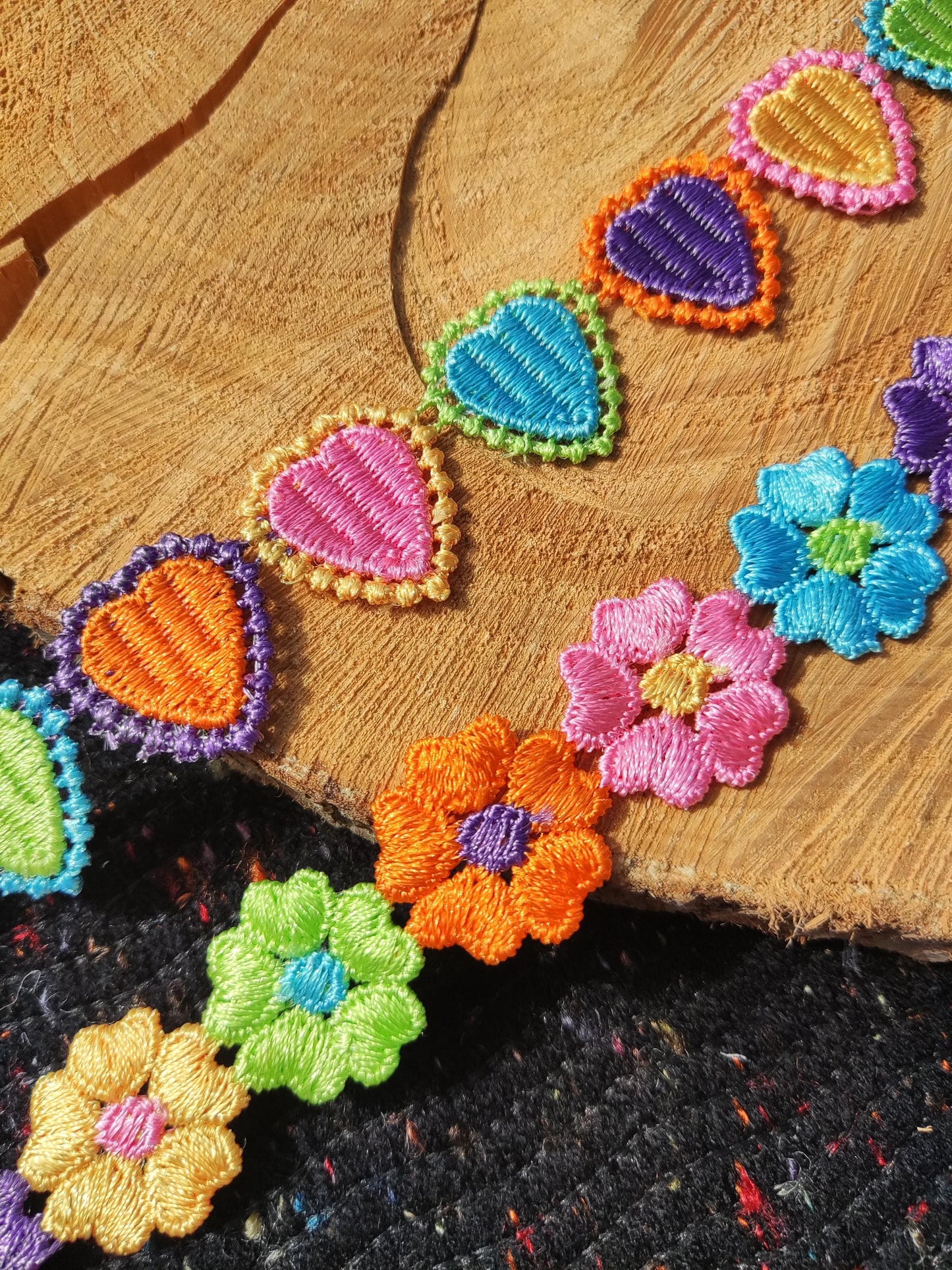 Colourful Embroidered Floral & Heart 2.5cm width Trim -Per yard- Multi colored Rainbow Flower Embellishment- DIY Sewing, Costumes,Scrapbook