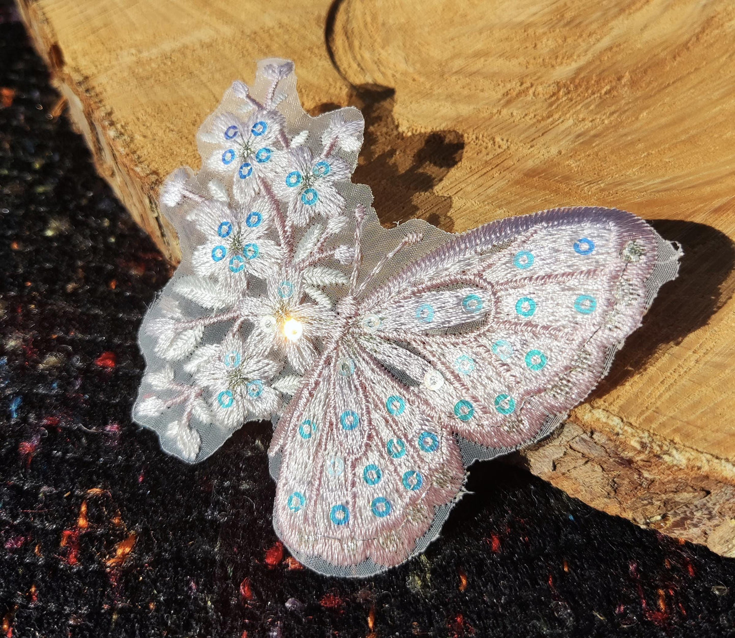 Fairytale Butterfly Floral Lace Applique with Sequin- Sew on Embroidered Organza Motif, Sparkly Patch