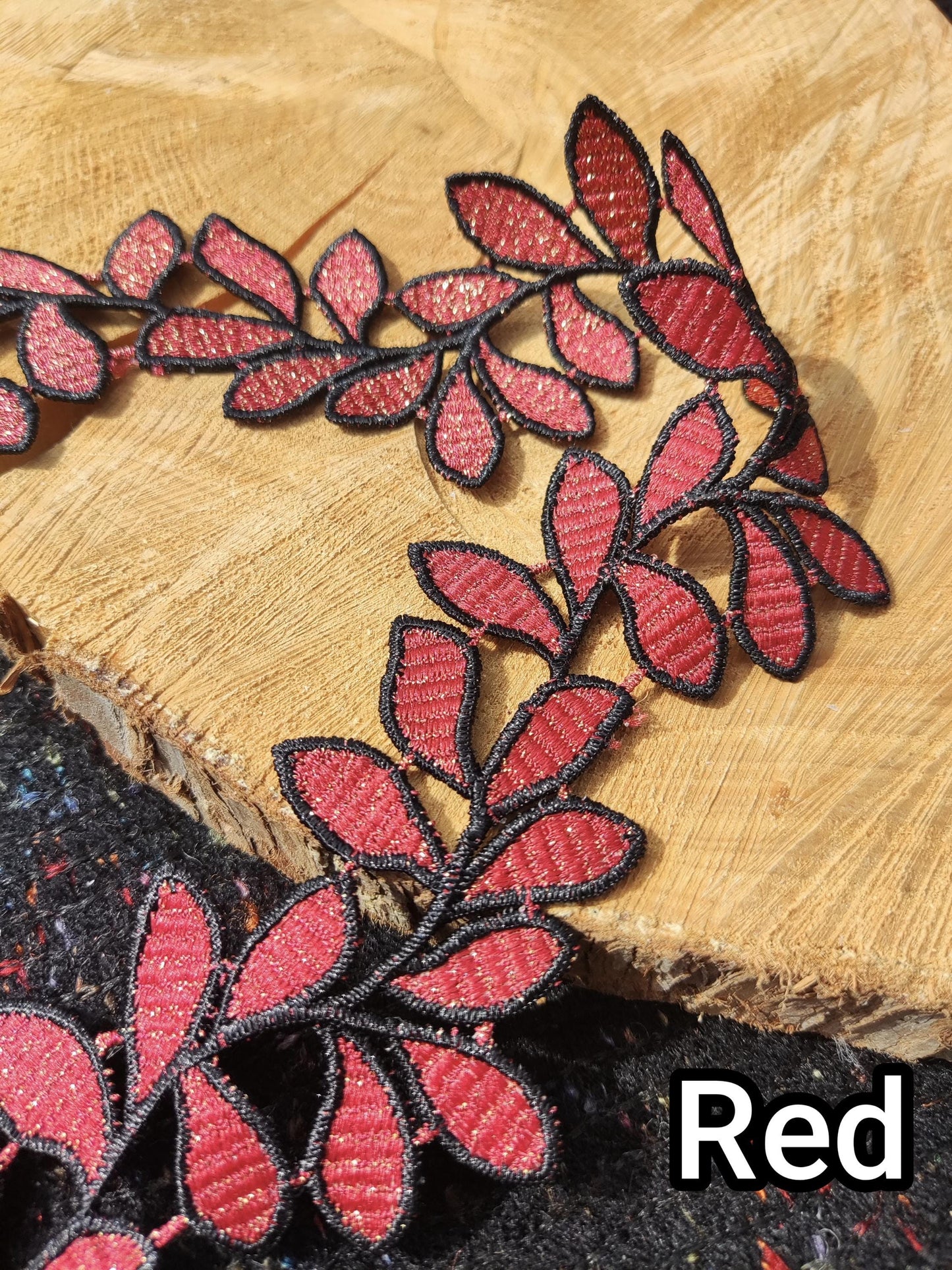 Embroidered Leaf Vine Lace Trim- Wavy Colorful Leaves Ribbon Border -Per yard -For Dressmaking, Costume DIY, Upholstery