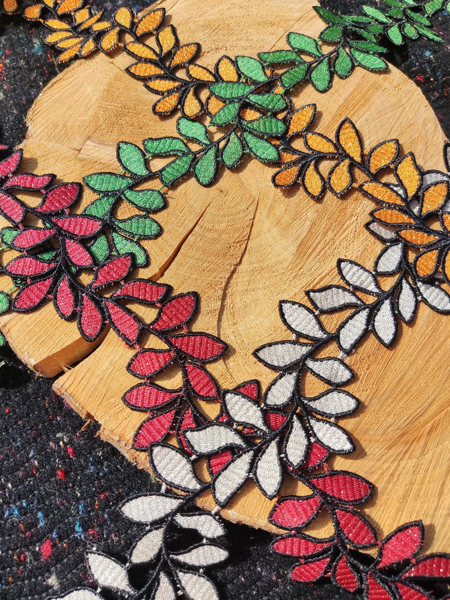 Embroidered Leaf Vine Lace Trim- Wavy Colorful Leaves Ribbon Border -Per yard -For Dressmaking, Costume DIY, Upholstery