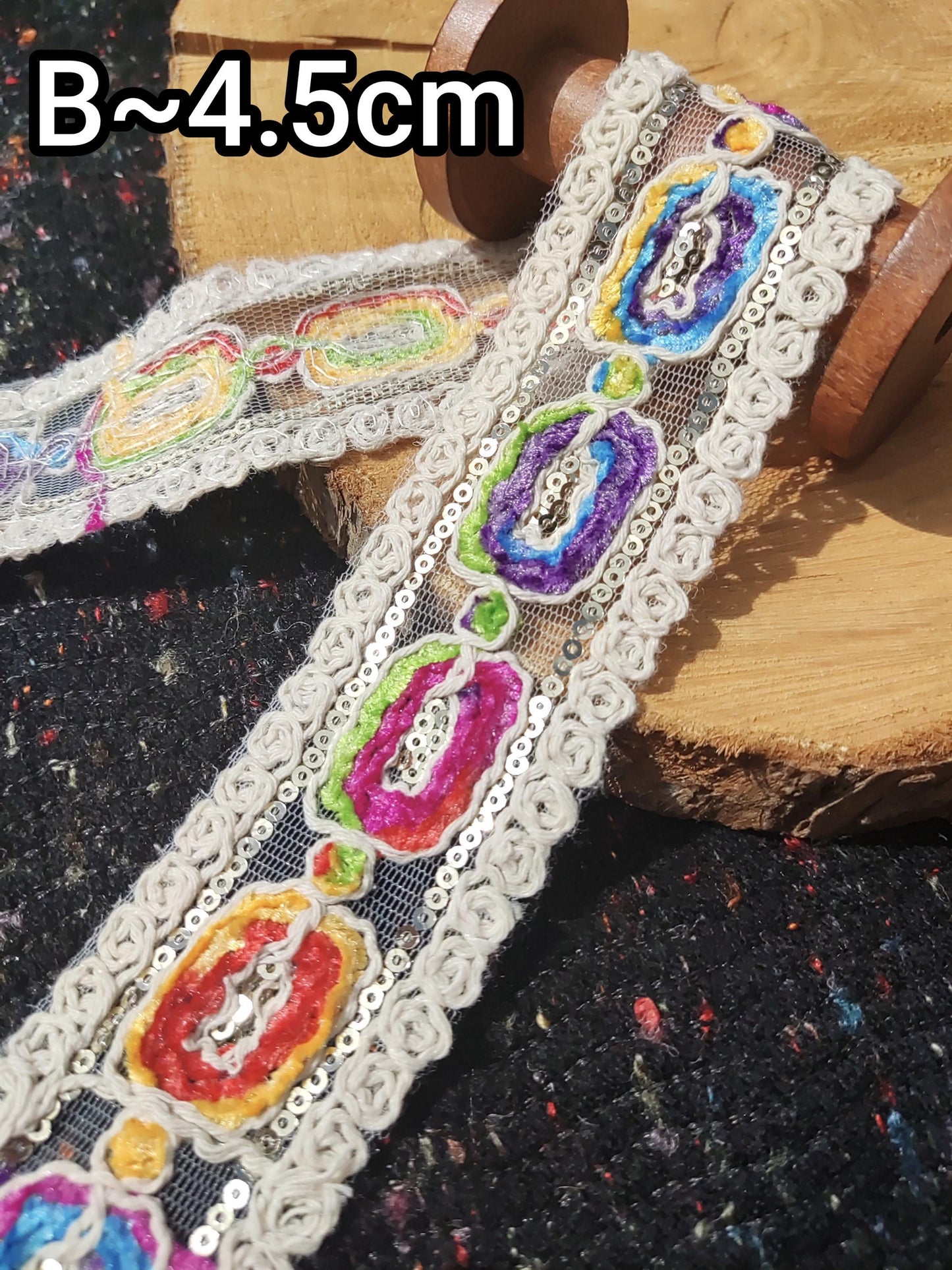 Chenille Embroidered Rainbow Trim- Per yard- 4cm Width Beige Sheer Mesh Ribbon with Sequin for Sewing, Costume DIY, Dressmaking