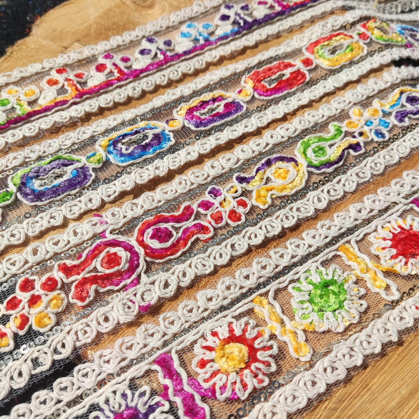 Chenille Embroidered Rainbow Trim- Per yard- 4cm Width Beige Sheer Mesh Ribbon with Sequin for Sewing, Costume DIY, Dressmaking